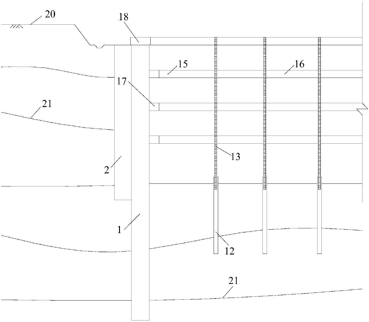 Ultra-deep foundation pit support non-intermittent composite transfer structure and construction method