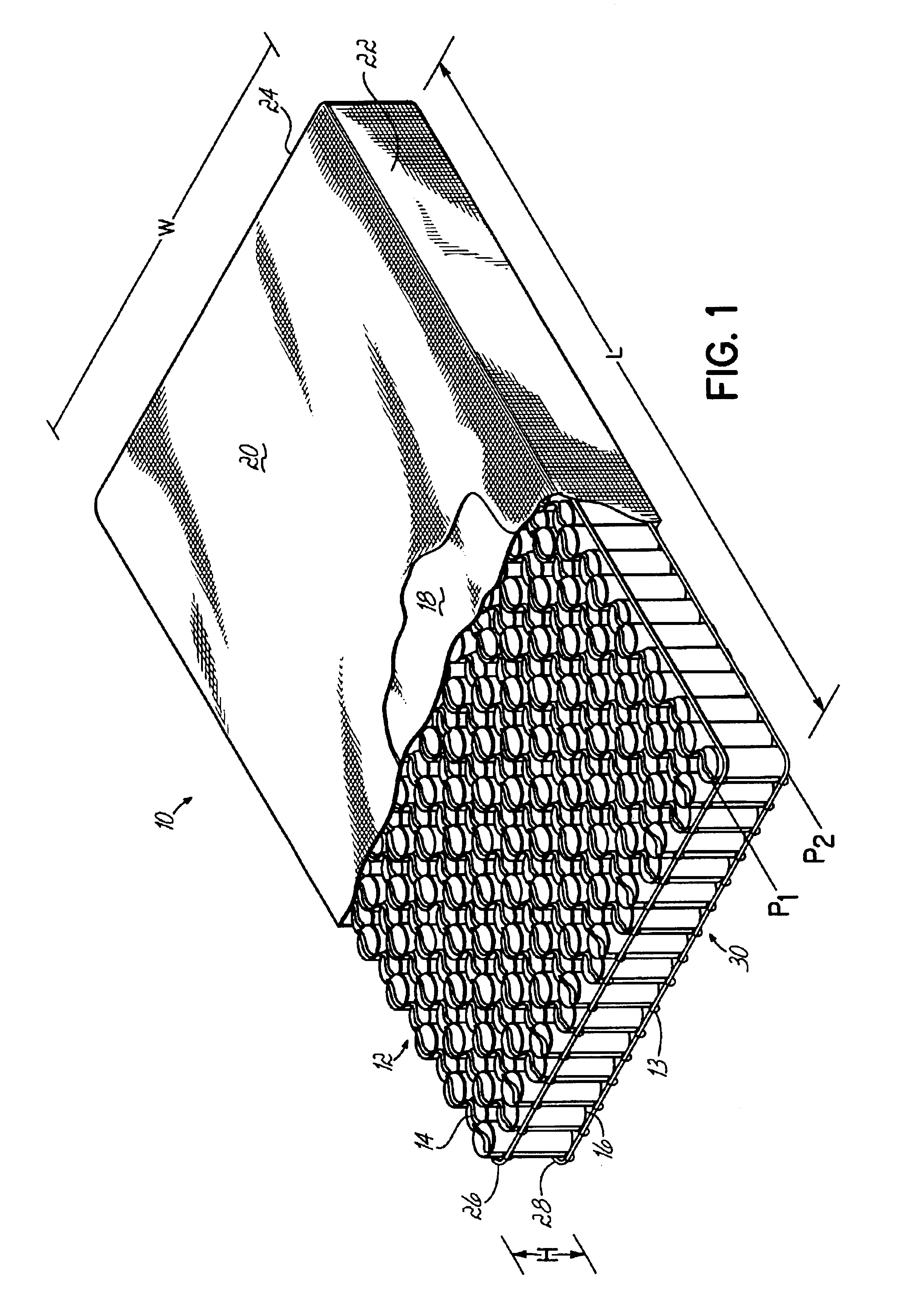 Pocketed bedding or seating product having pockets of differing heights