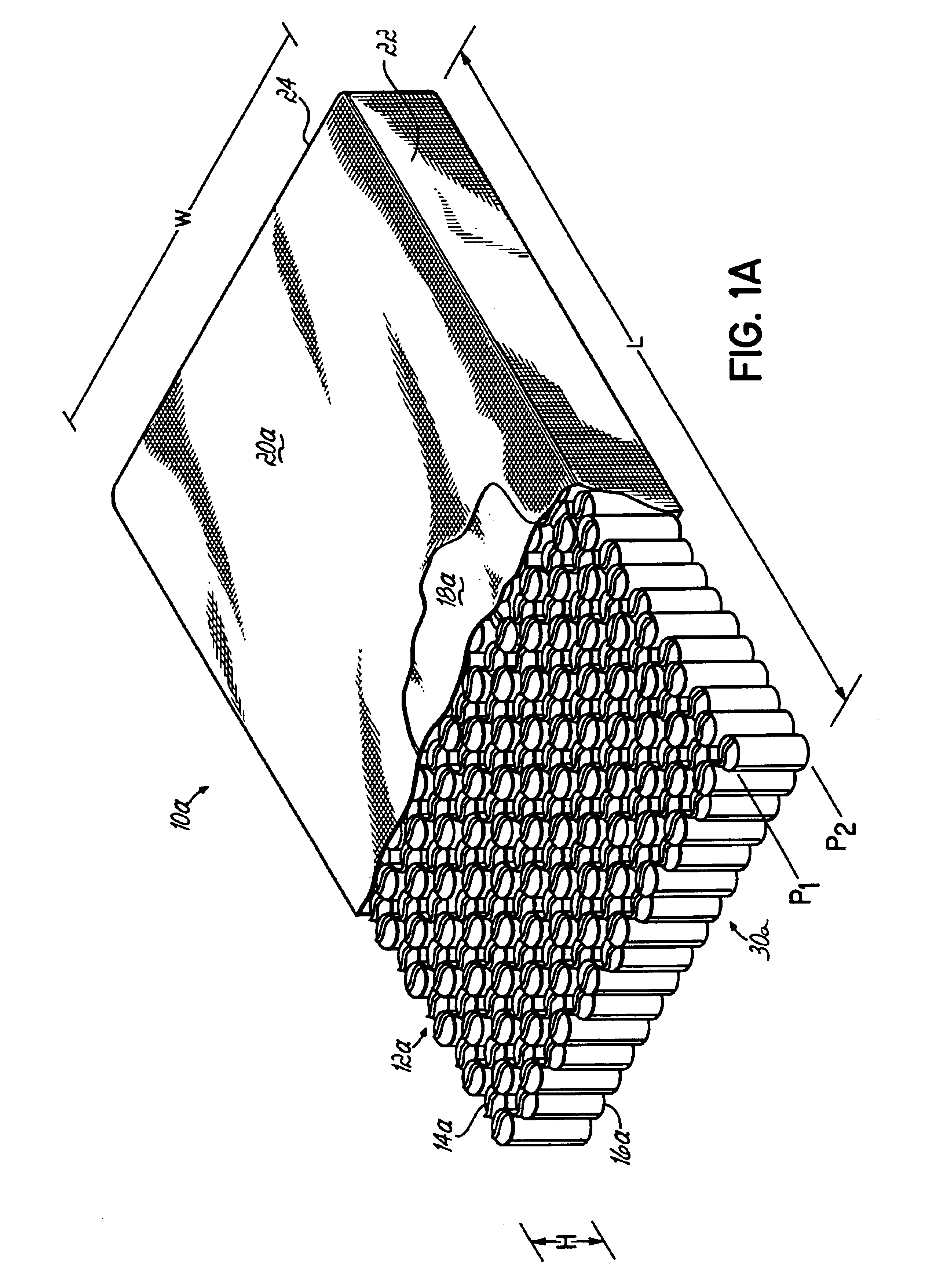 Pocketed bedding or seating product having pockets of differing heights
