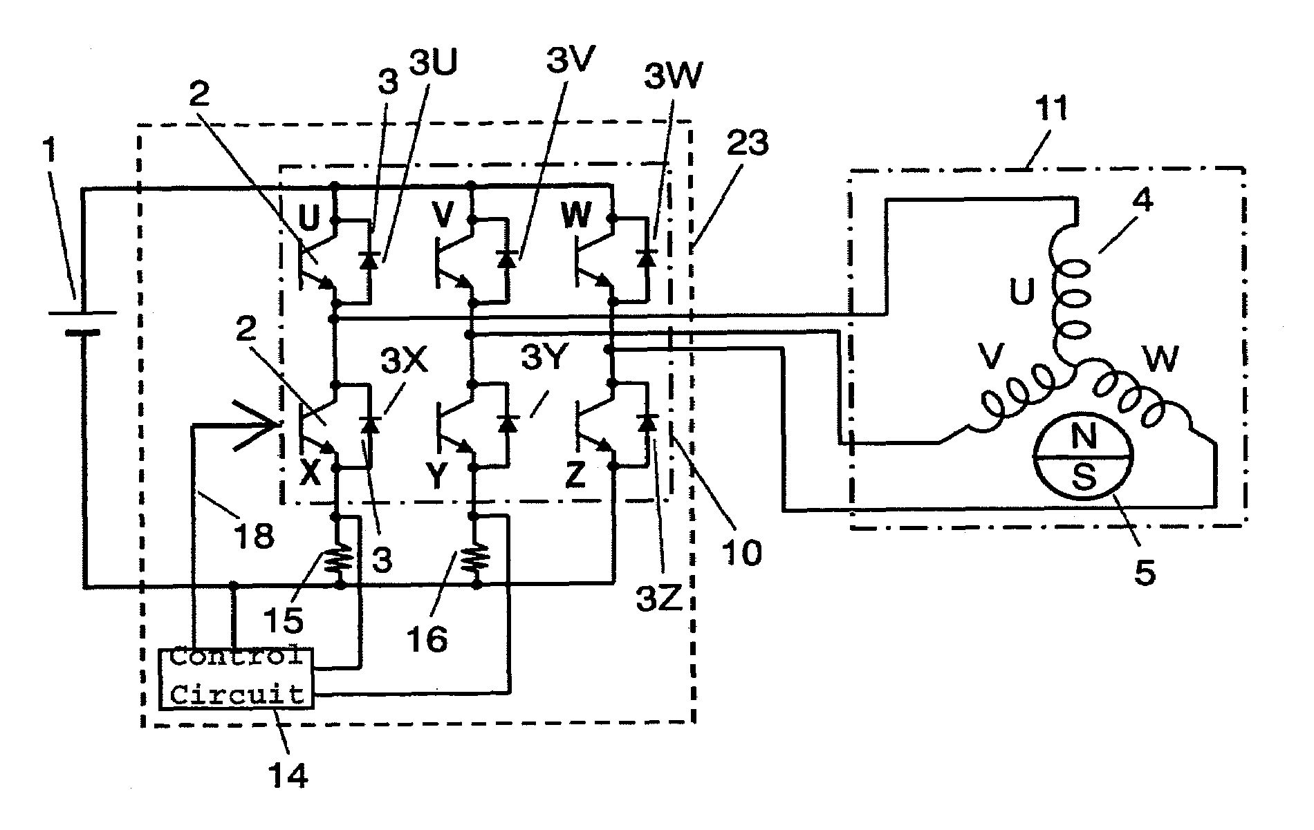 Three phase inverter control circuit detecting two phase currents and deducting or adding identical ON periods