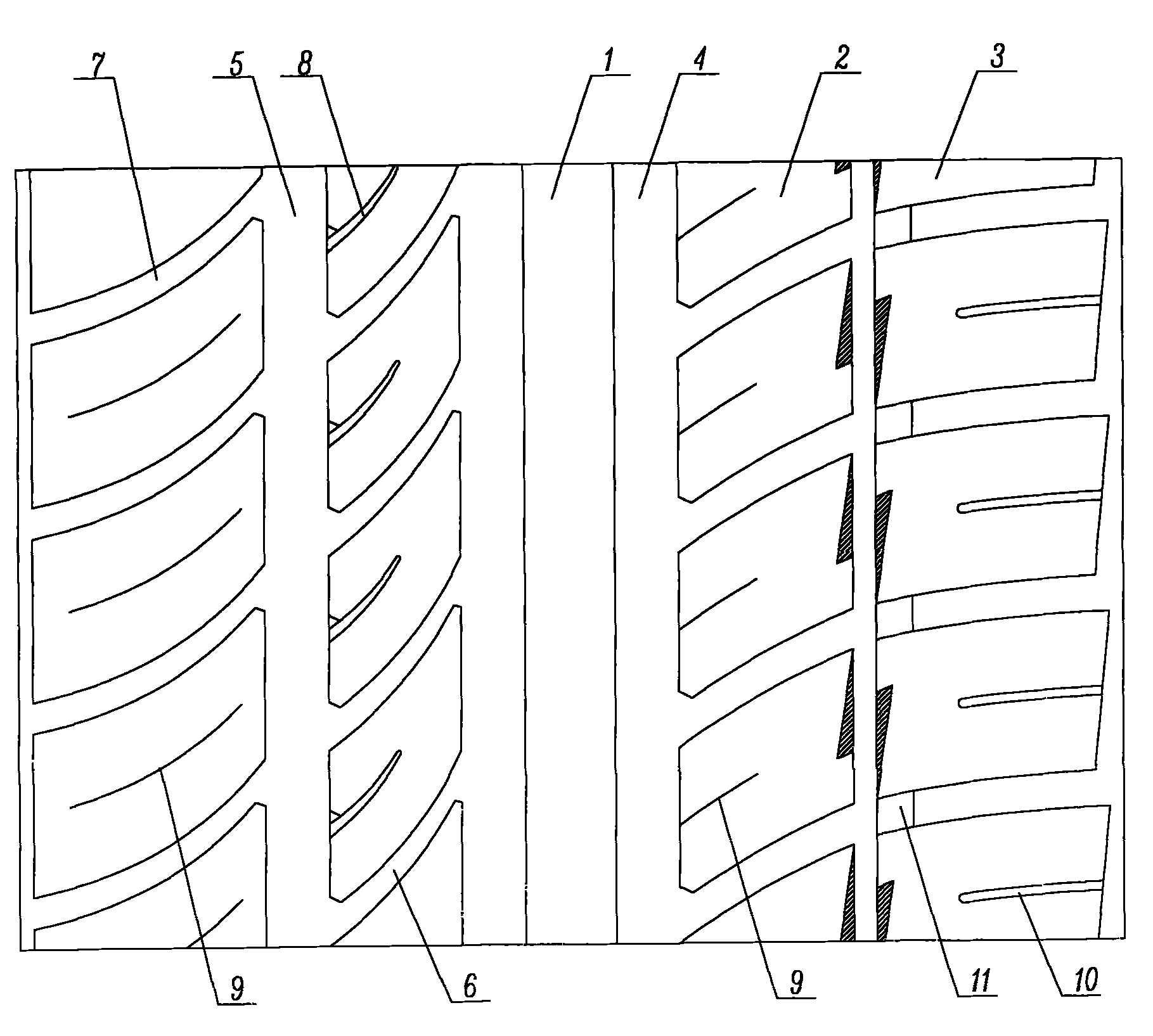 Tread pattern on radial tire of car