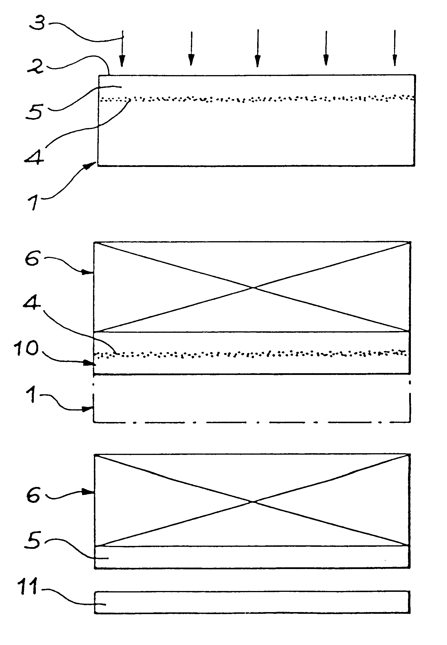 Method for making a thin film on a support and resulting structure including an additional thinning stage before heat treatment causes micro-cavities to separate substrate element