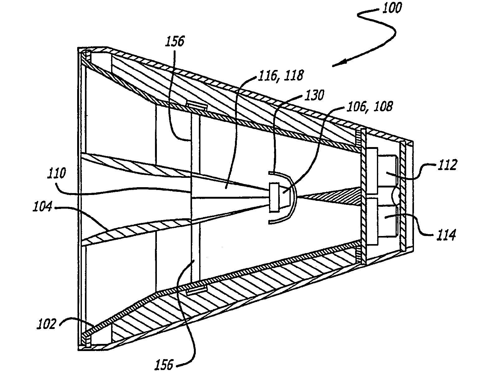 Sound system having a HF horn coaxially aligned in the mouth of a midrange horn