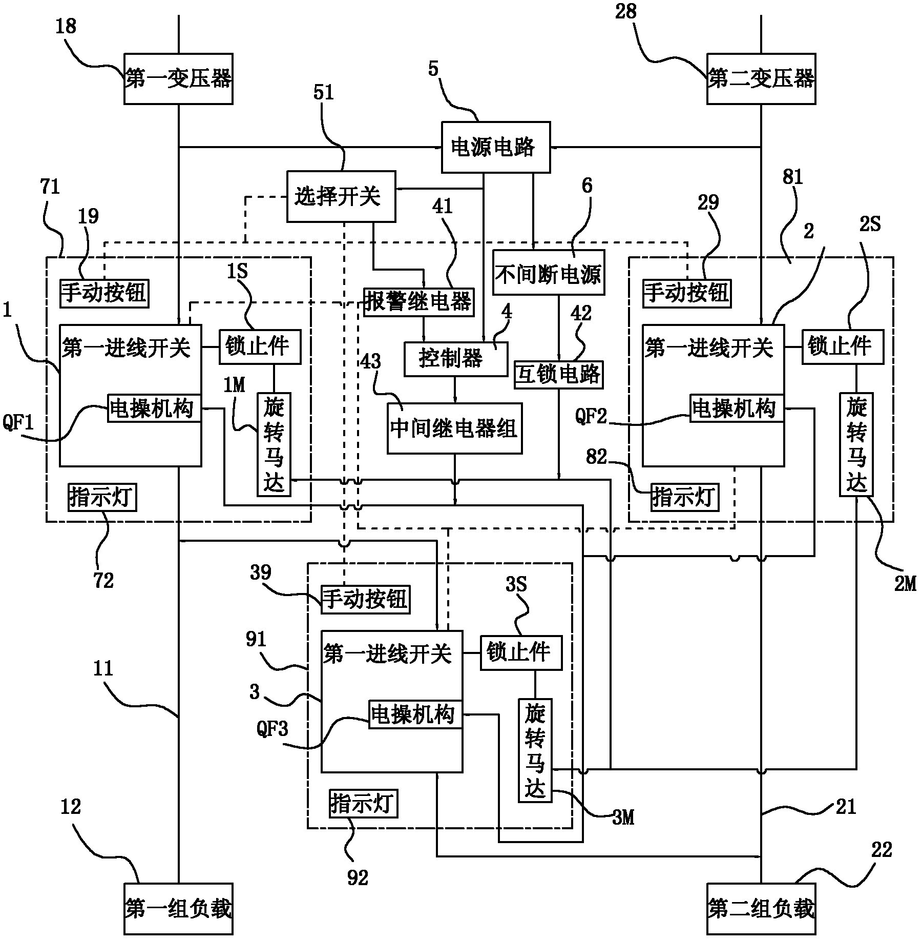 Electric mechanical interlocking type two-incoming-line and one-bus-couple system