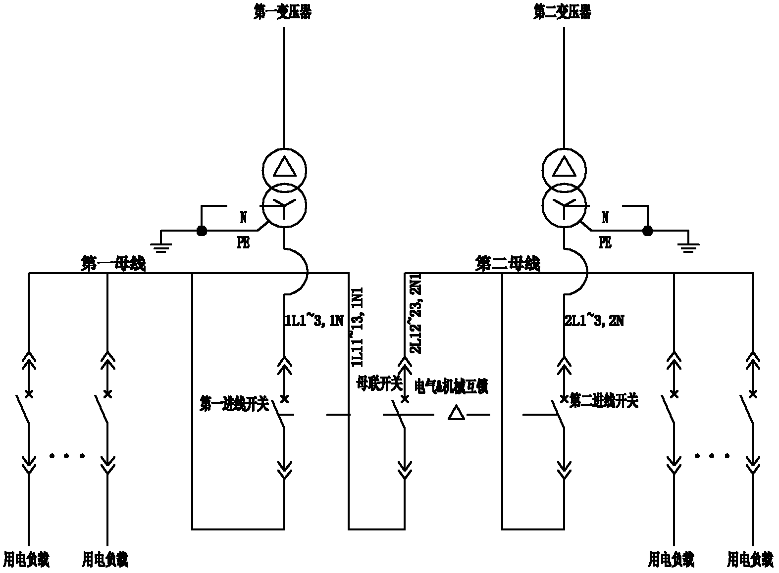 Electric mechanical interlocking type two-incoming-line and one-bus-couple system