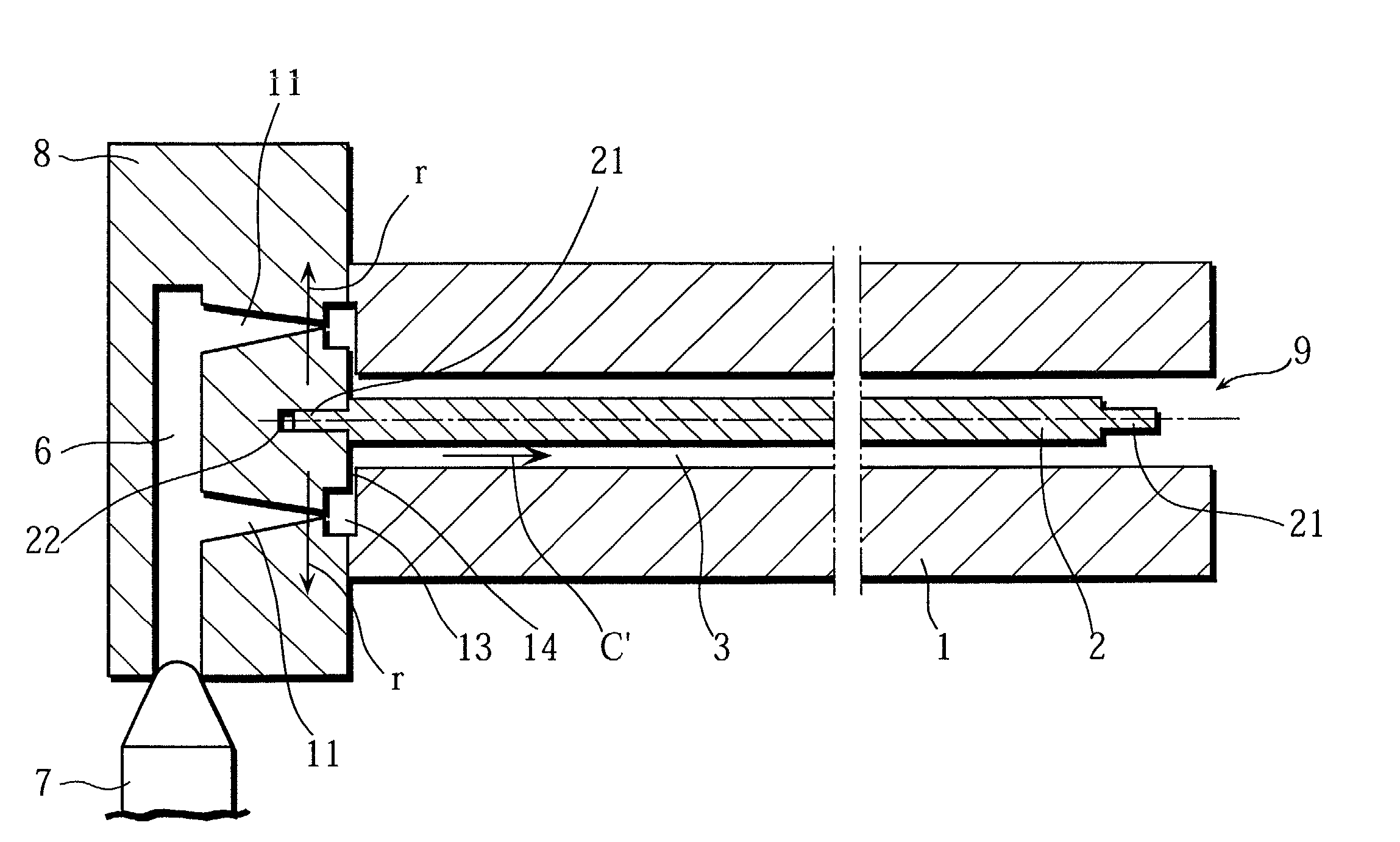 Molding method and apparatus for resin long body