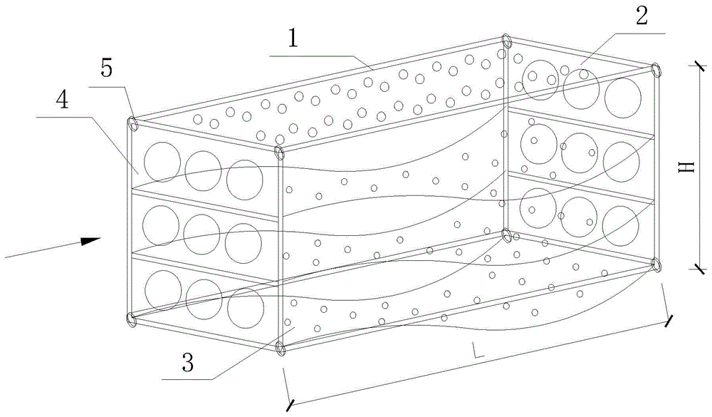 Floating breakwater unit body with frame provided with thin films with holes