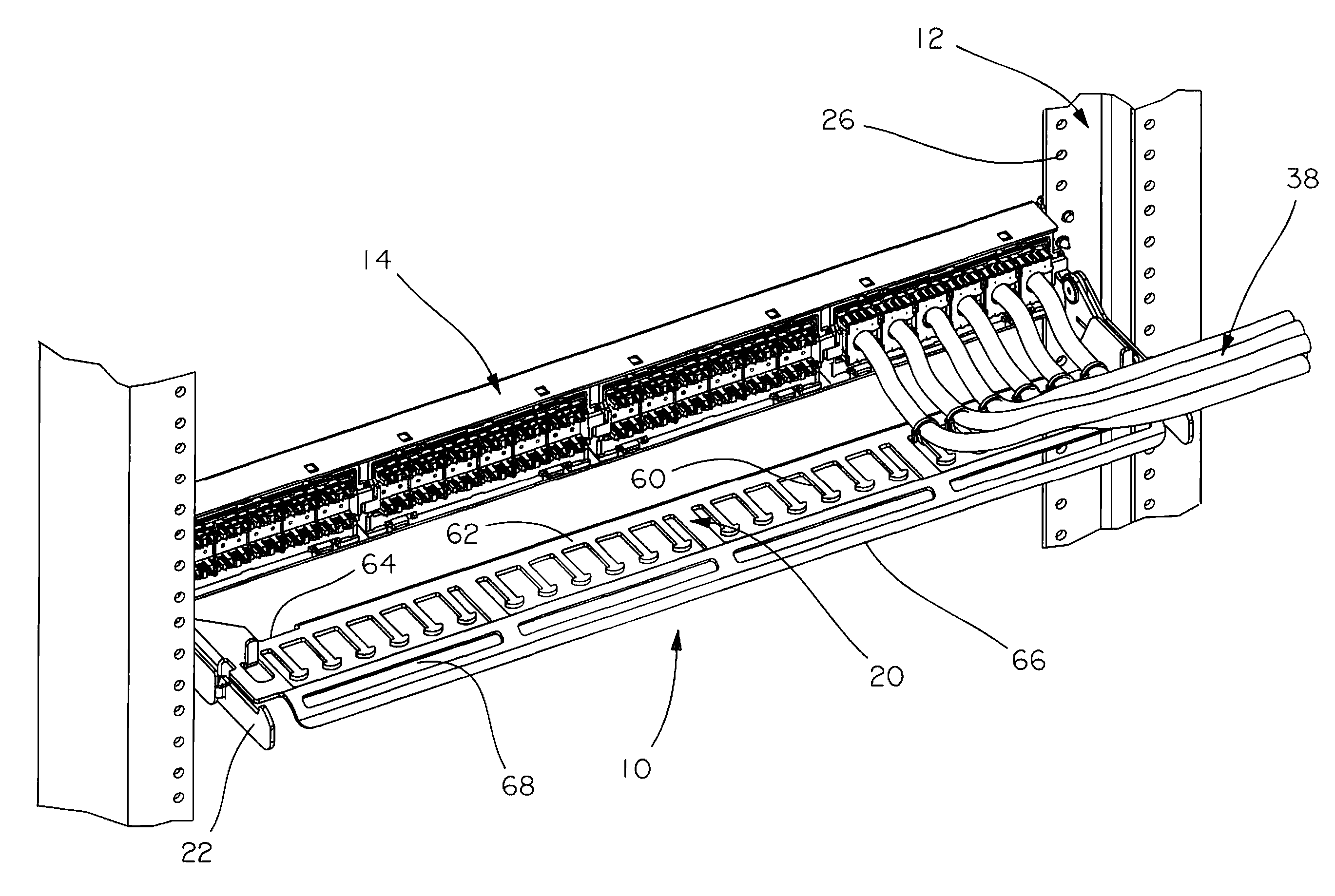 Pivoting strain relief bar for data patch panels