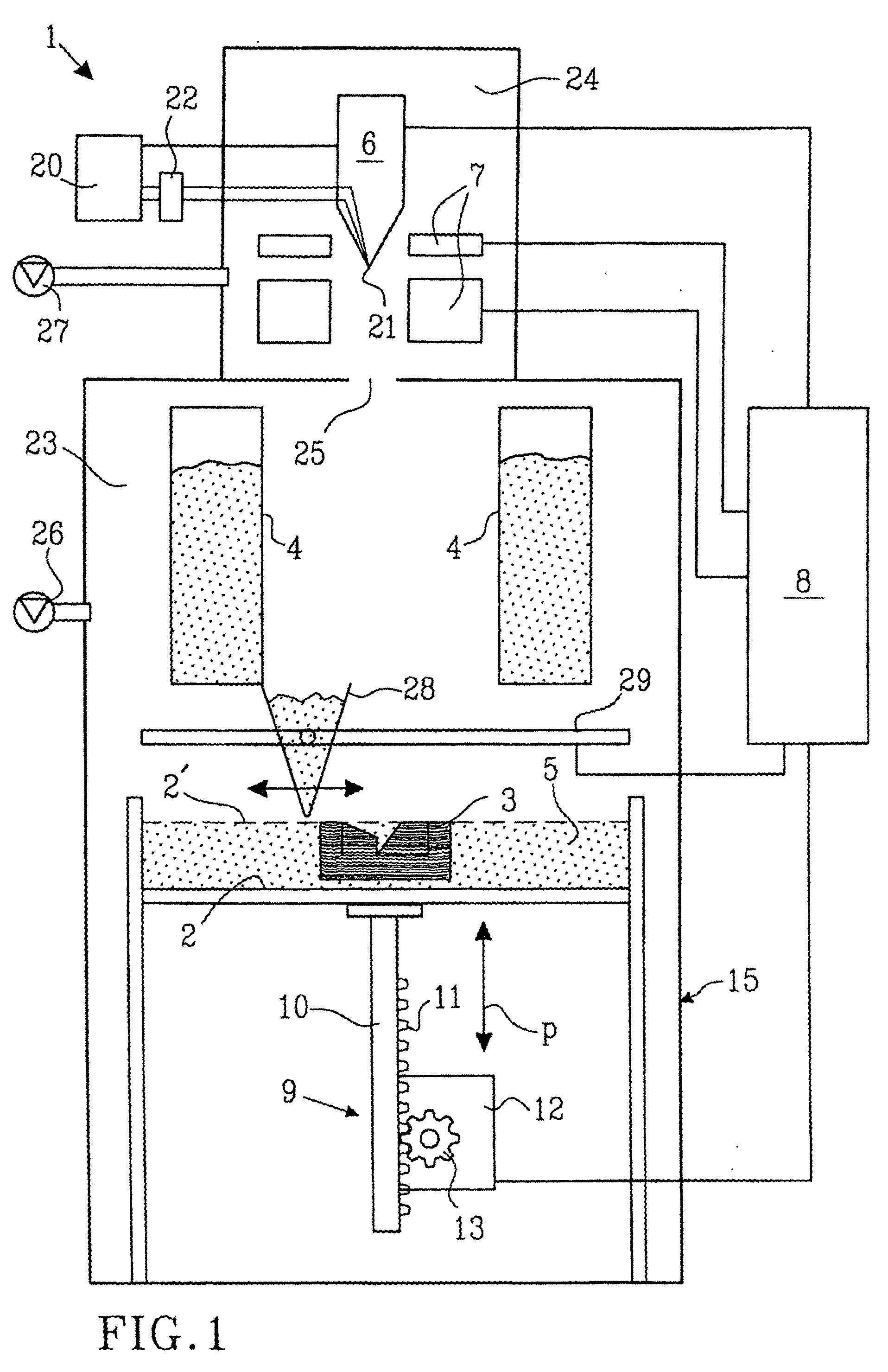 Device and arrangement for producing a three-dimensional object
