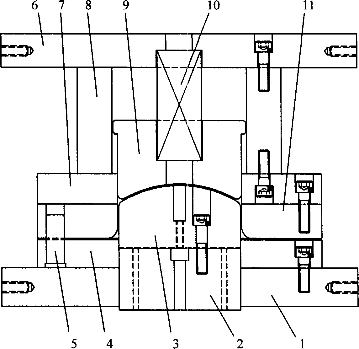 Unsymmetrical stretching forming mould capable of inducing plate material to rebound