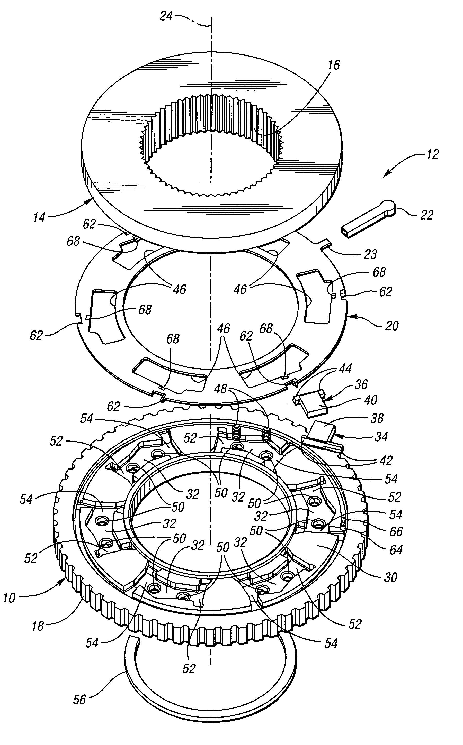 Overrunning coupling assembly and method for controlling the engagement of planar members