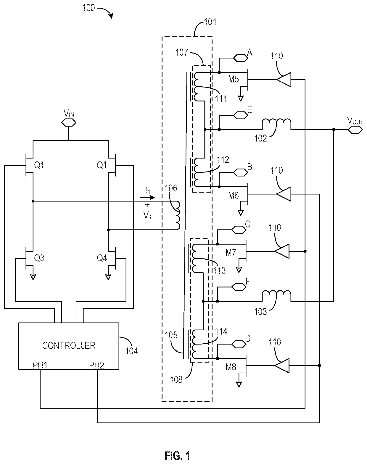 Segmented winding center-tap techniques for a coupled inductor circuit