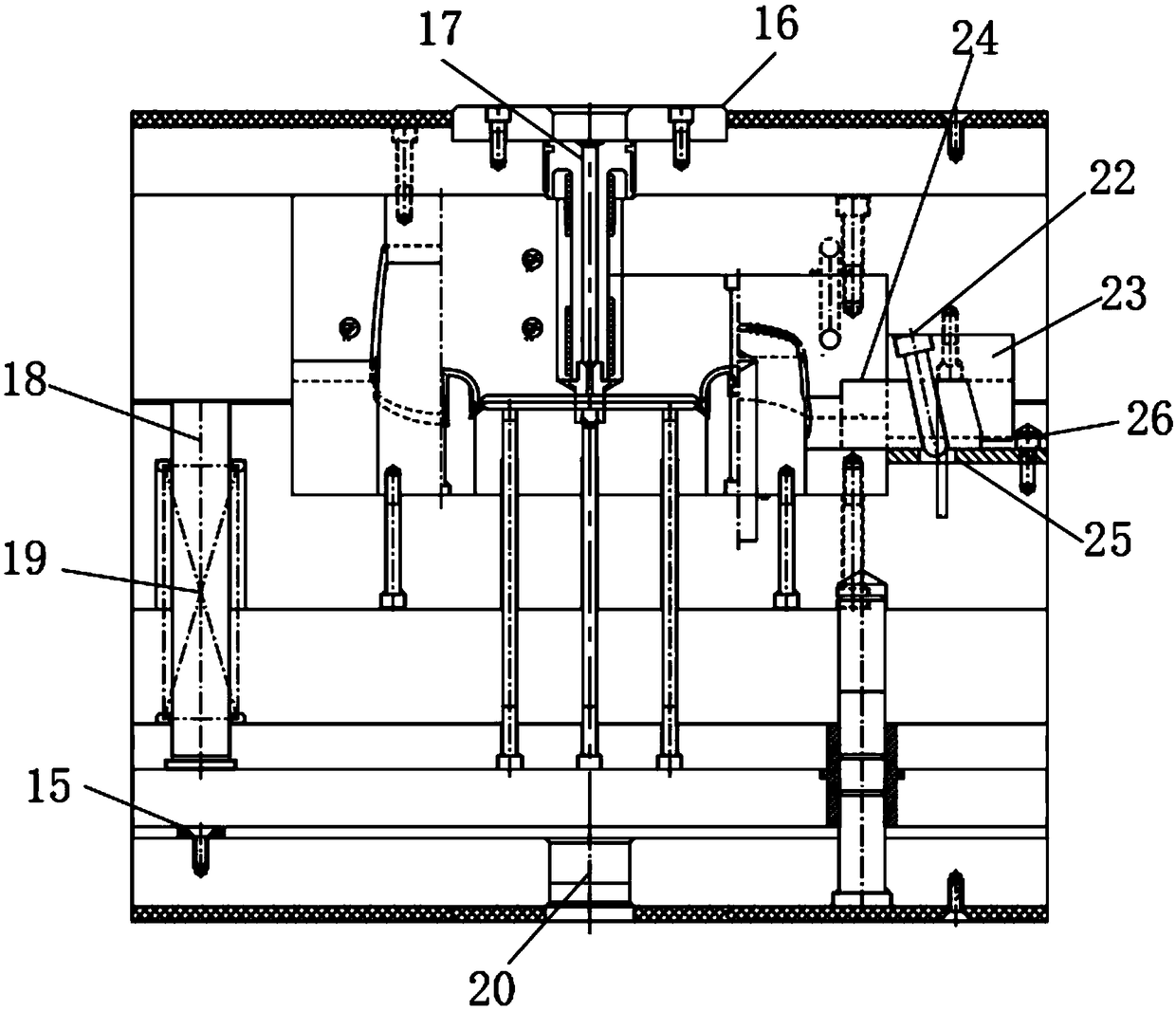 Multi-sliding block ranking hot nozzle structure injection mold