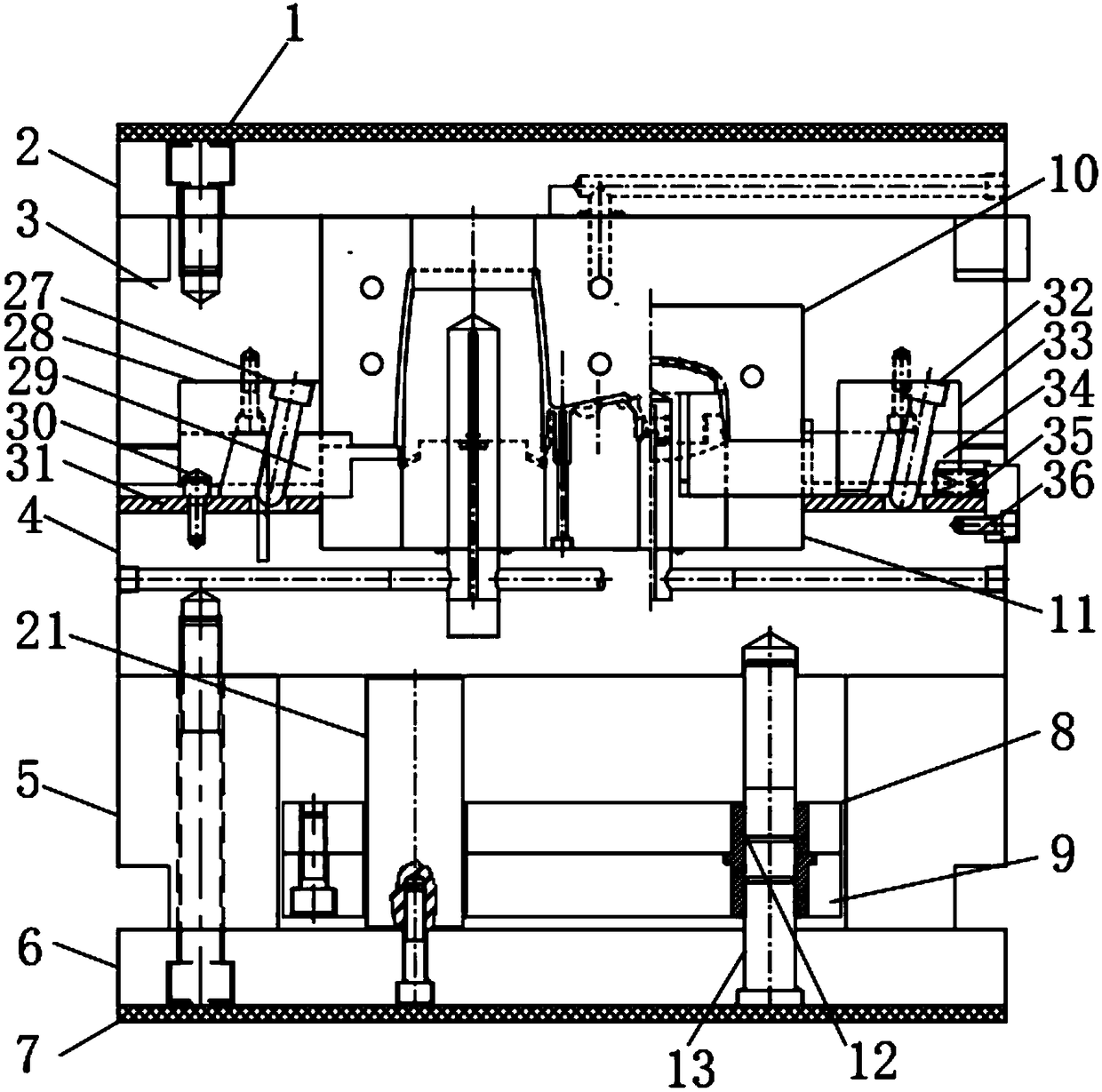 Multi-sliding block ranking hot nozzle structure injection mold