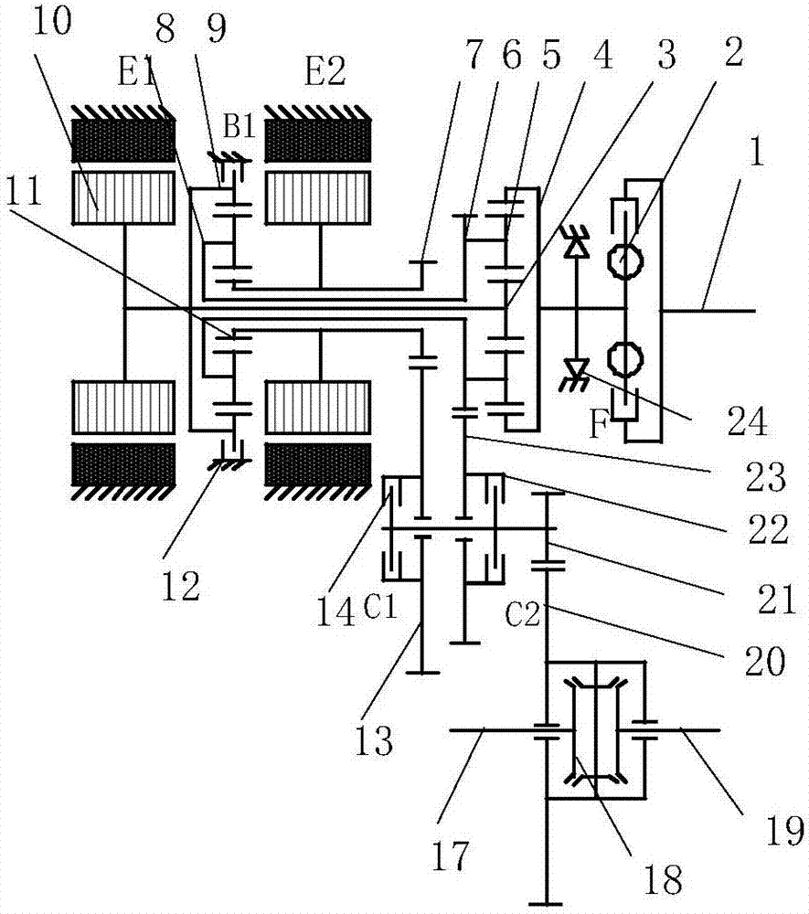 Dual-mode hybrid power transmission device of front-wheel drive car