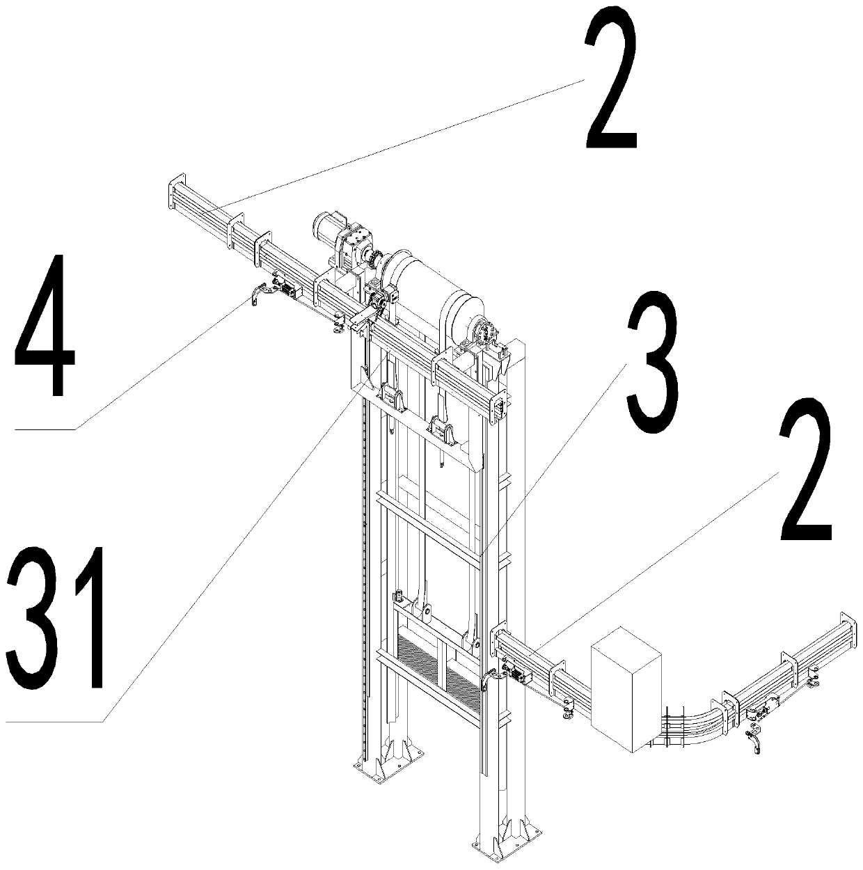 Suspension conveyor line containing elevator