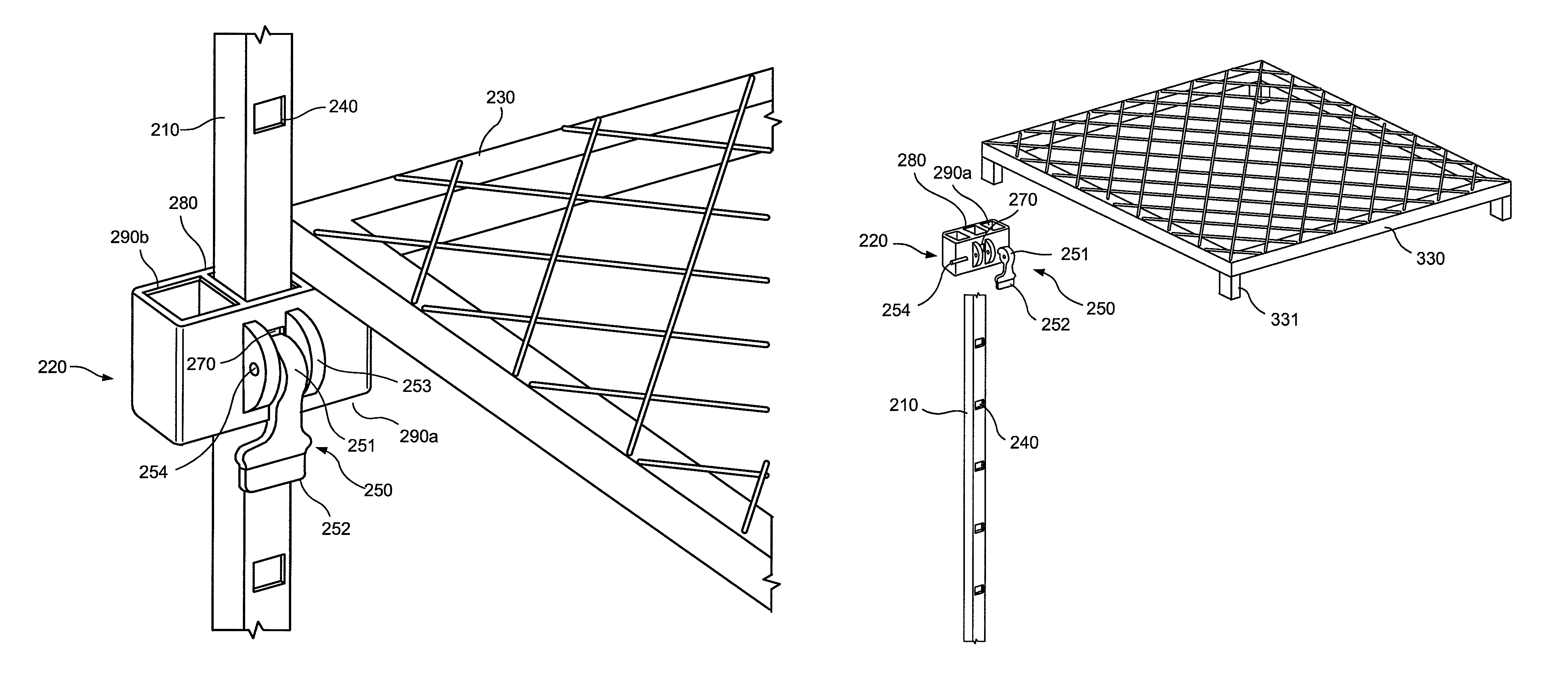 Shelf attached to post by connector with rotatable latch and method of assembly