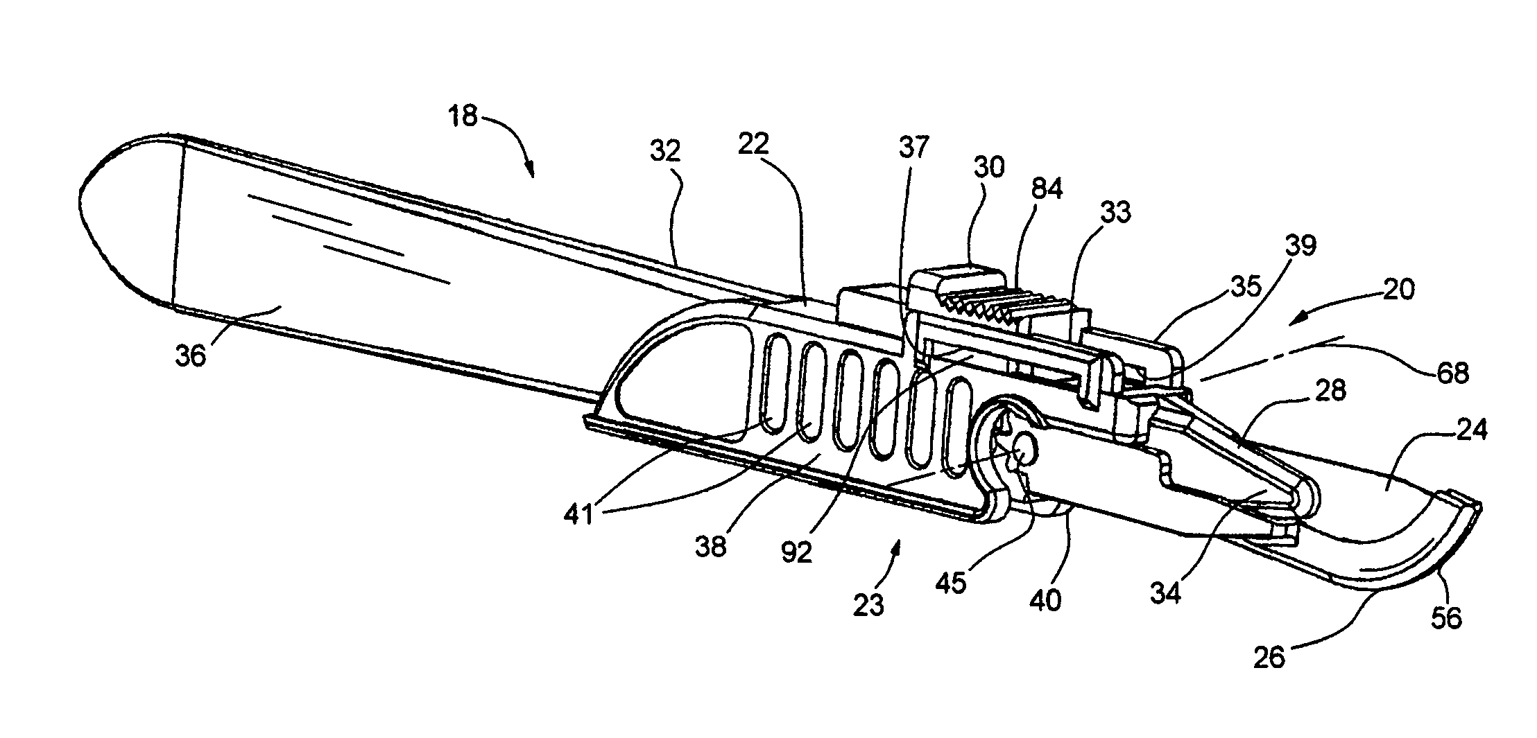 Scalpel handle having a blade shield utilizing over center spring