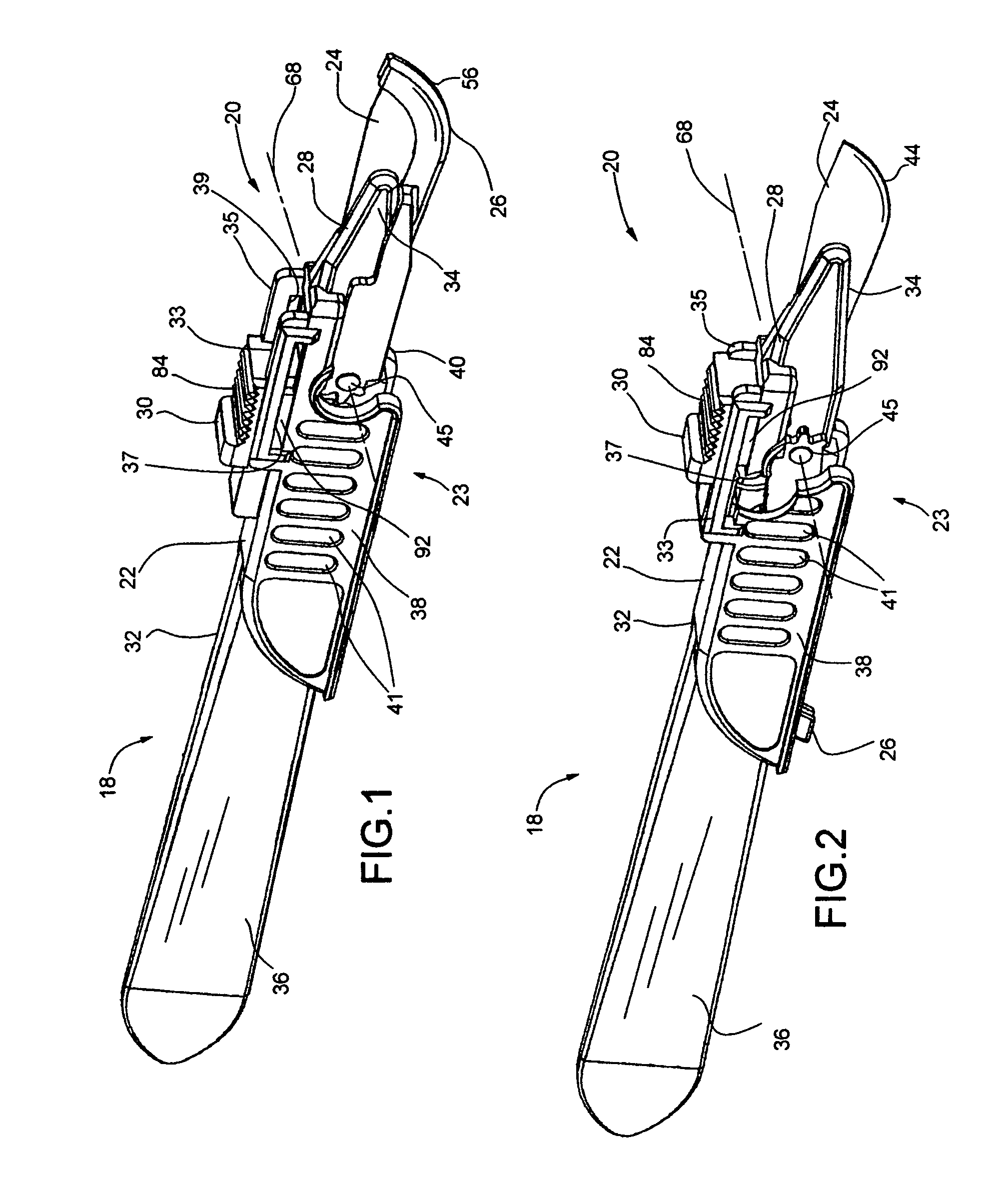 Scalpel handle having a blade shield utilizing over center spring