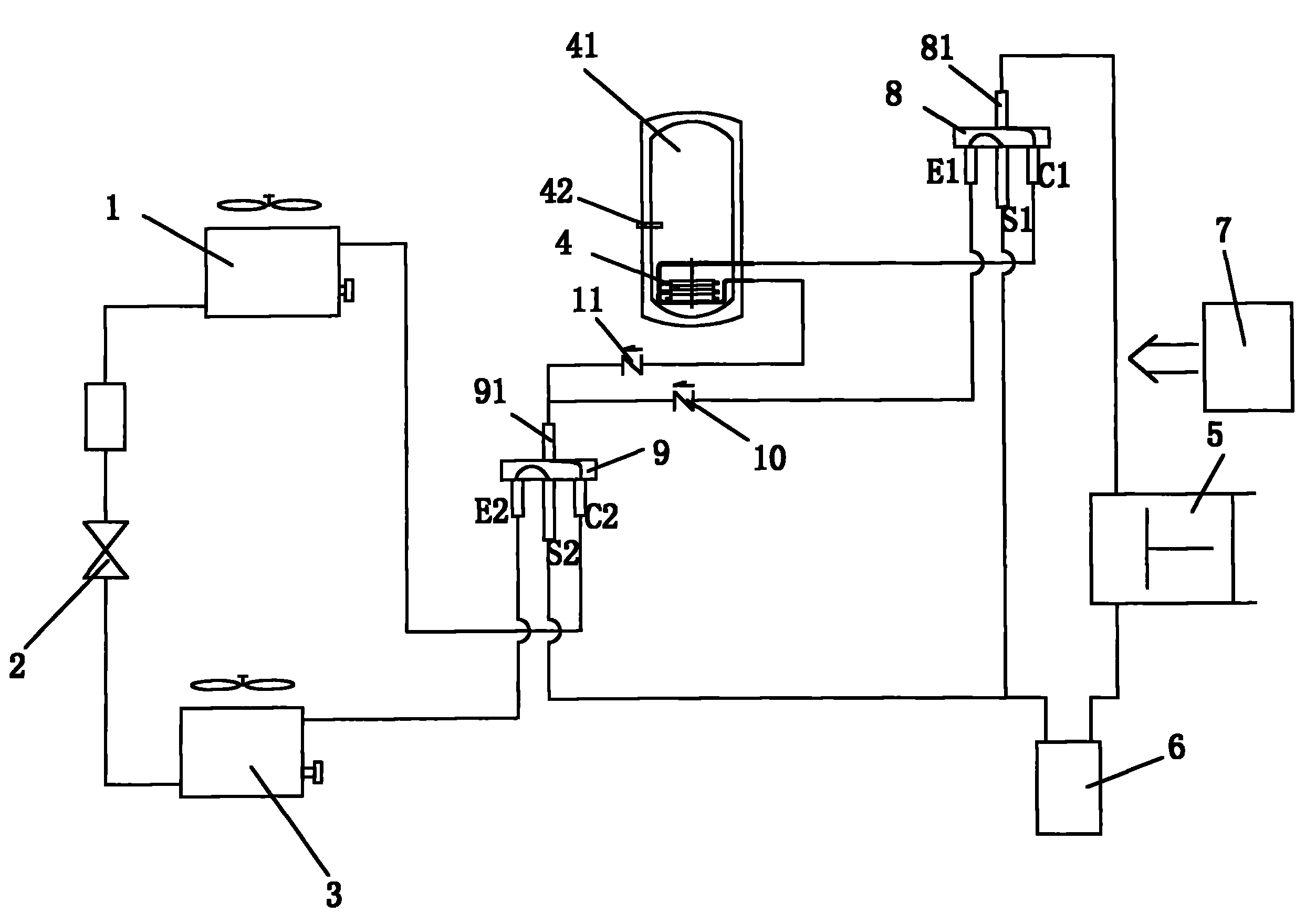 Three-purpose heat pump water heating machine with air source