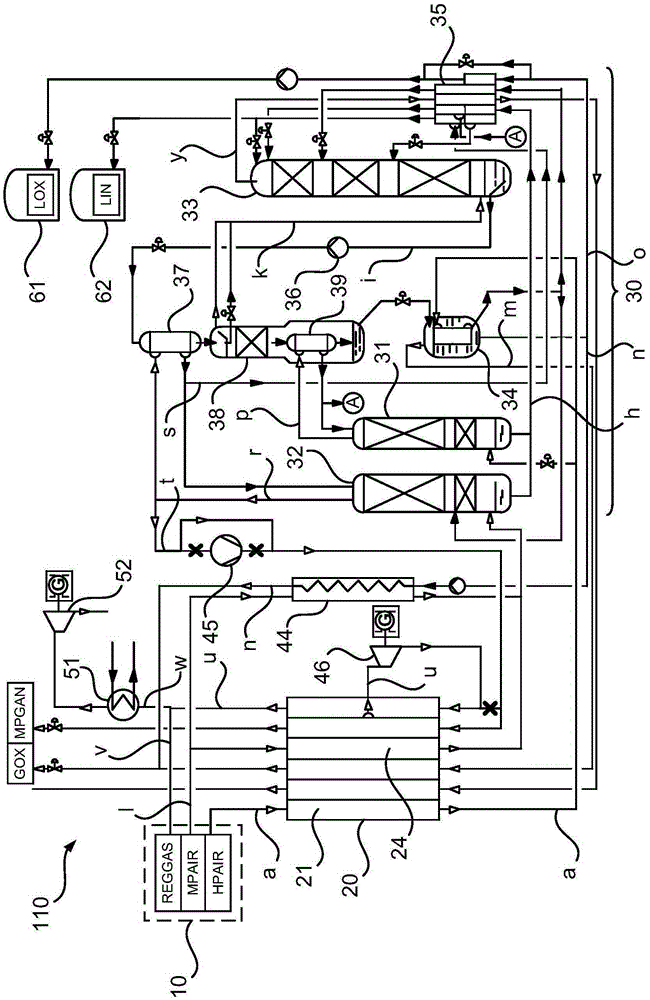 Method for producing at least one air product, air separation system, method and device for producing electrical energy