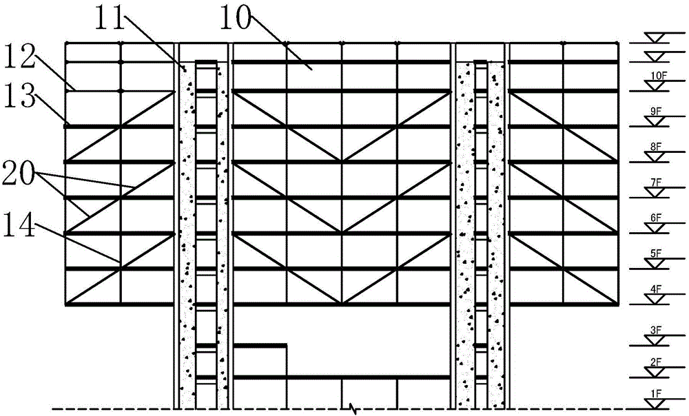 Large-cantilever steel frame structure with pull rod and construction method thereof