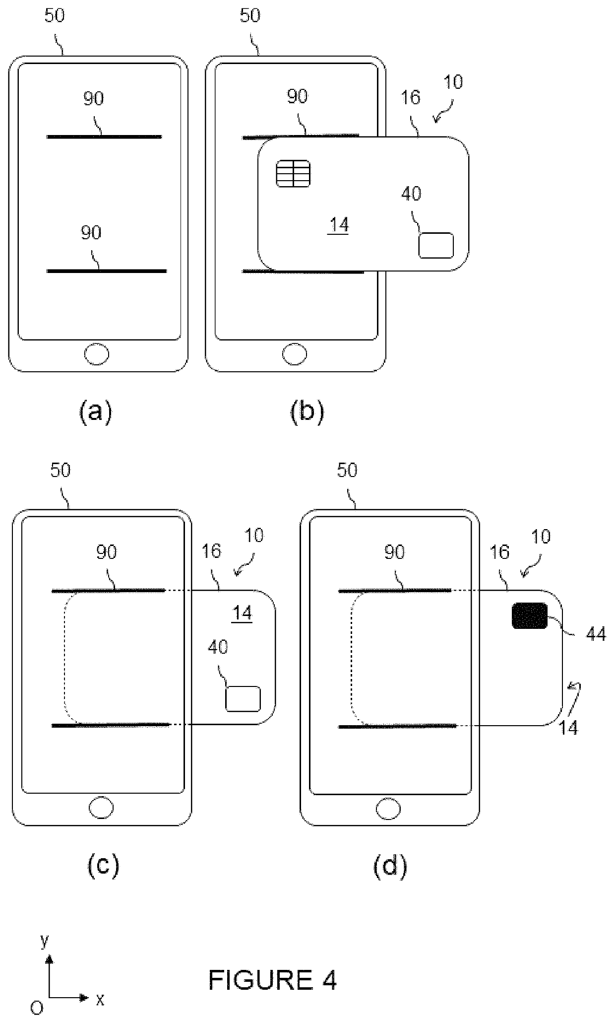 Display on a smartphone screen of a positioning pattern of a contactless card to improve near field communication