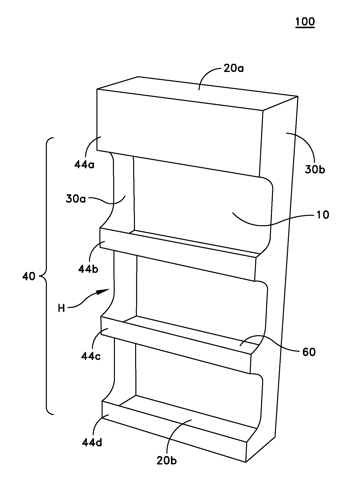 Folded and glued display container having integral shelf elements