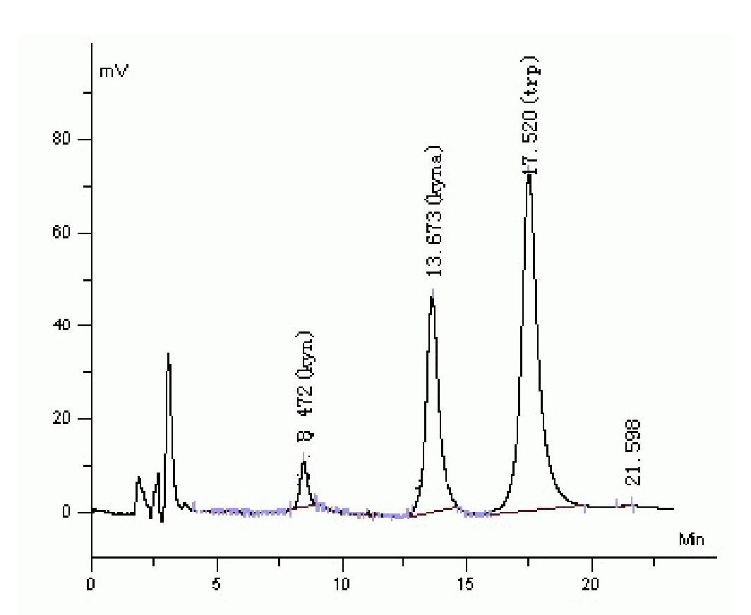 Method for simultaneously determining tryptophan, kynurenine and kynurenicacid by using high performance liquid chromatography-fluorescence method