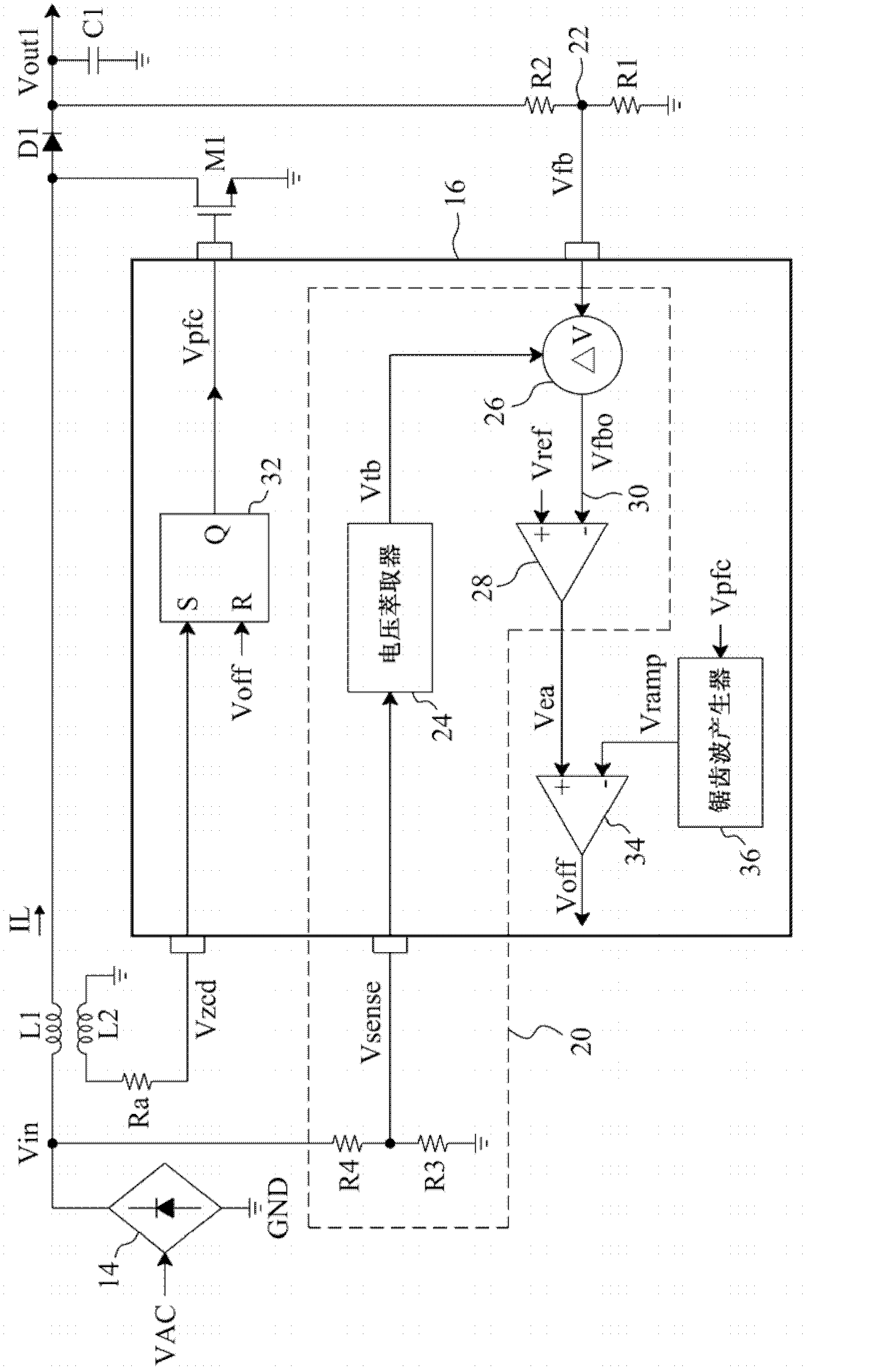 Tracking boost device used for power factor correction circuit and method