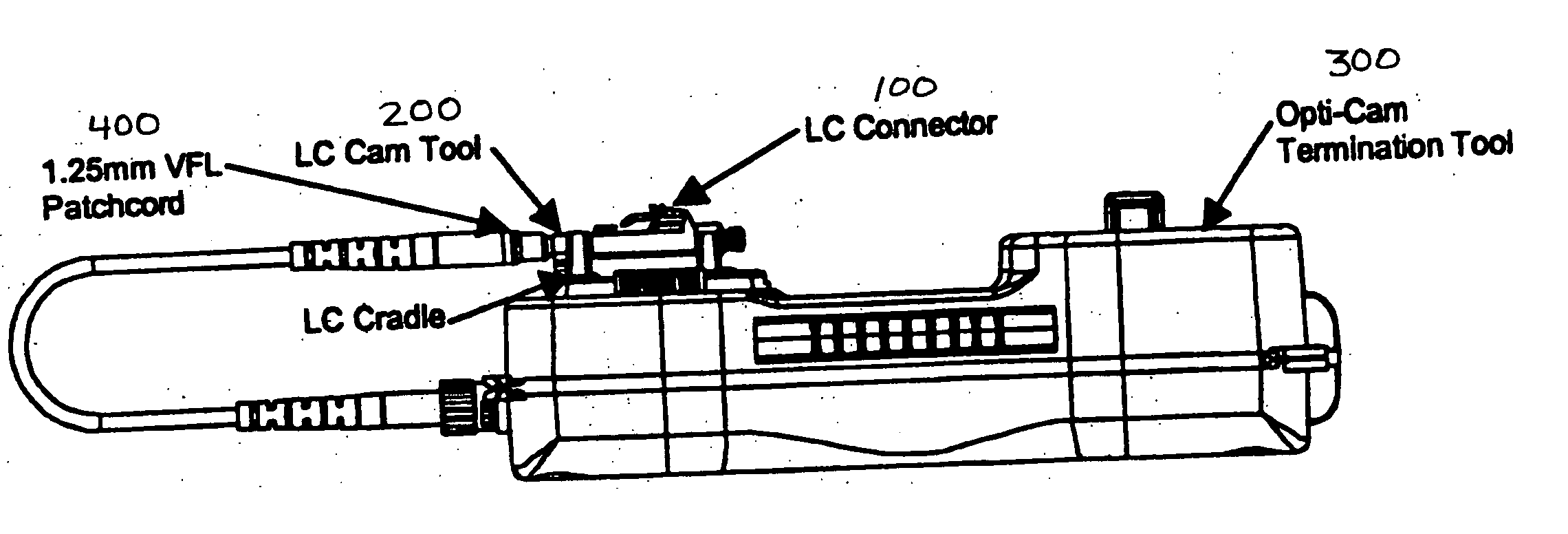 Re-terminable LC connector assembly and cam termination tool