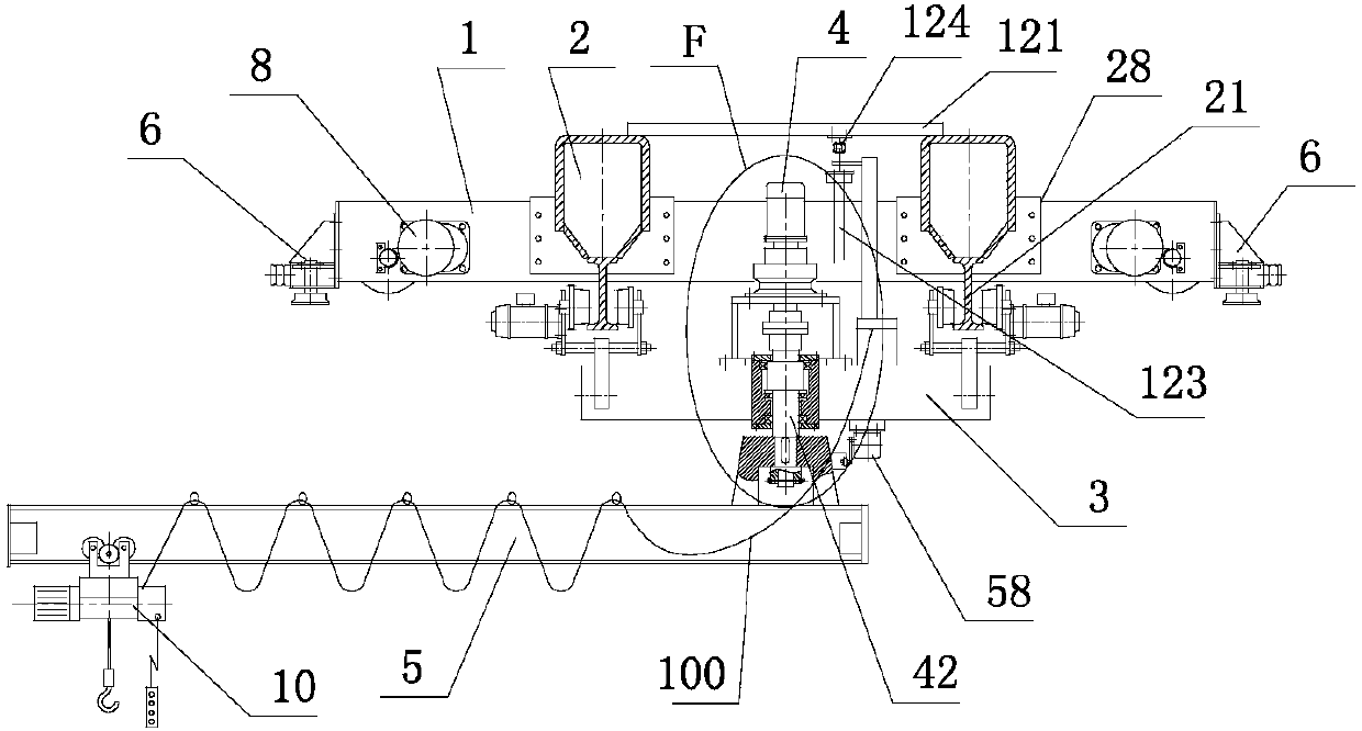 Bridge type cantilever crane with hanging trolley and movable vehicle stops