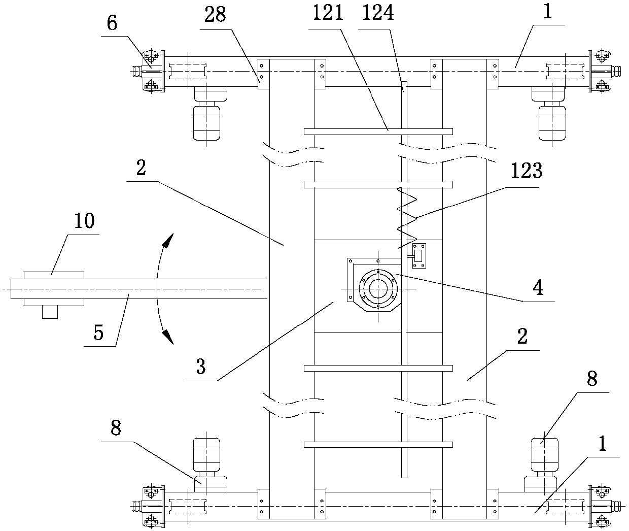 Bridge type cantilever crane with hanging trolley and movable vehicle stops