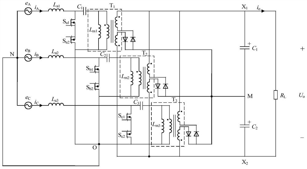 Three-phase three-level rectifier based on three-winding isolation transformer