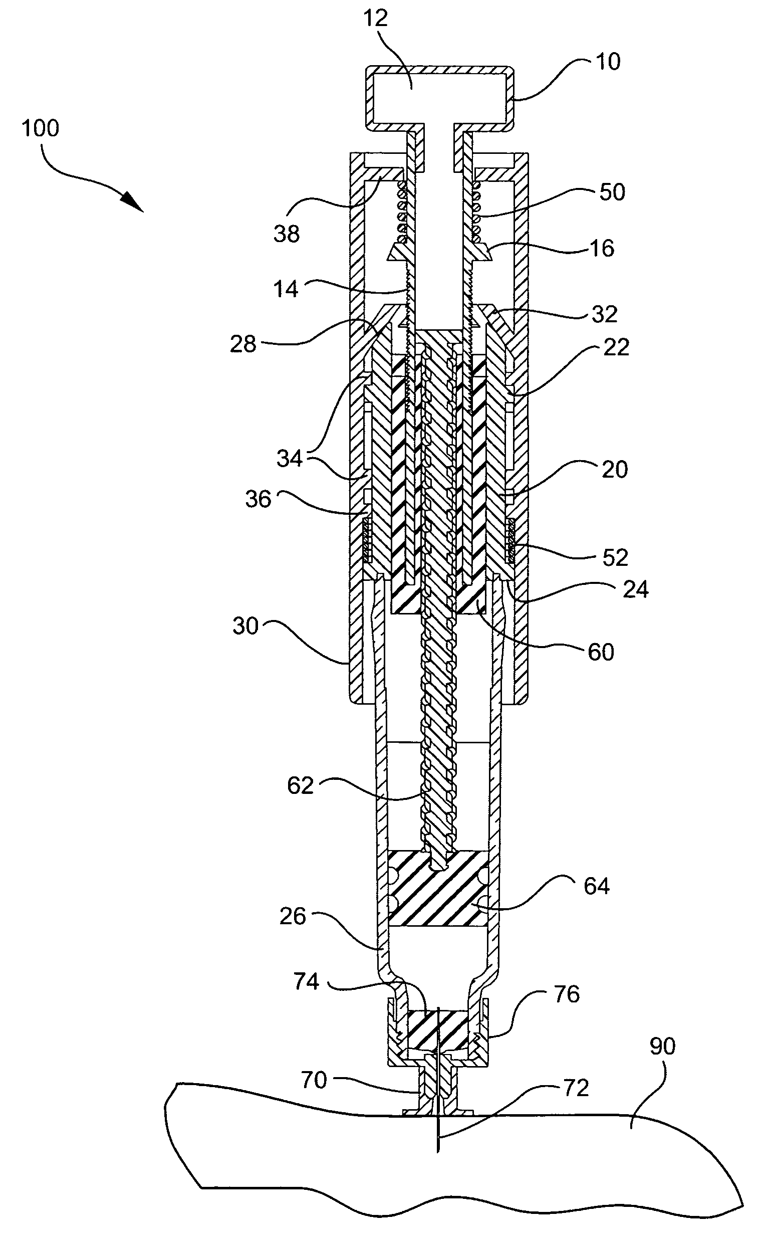 Injector device with force lock-out and injection rate limiting mechanisms