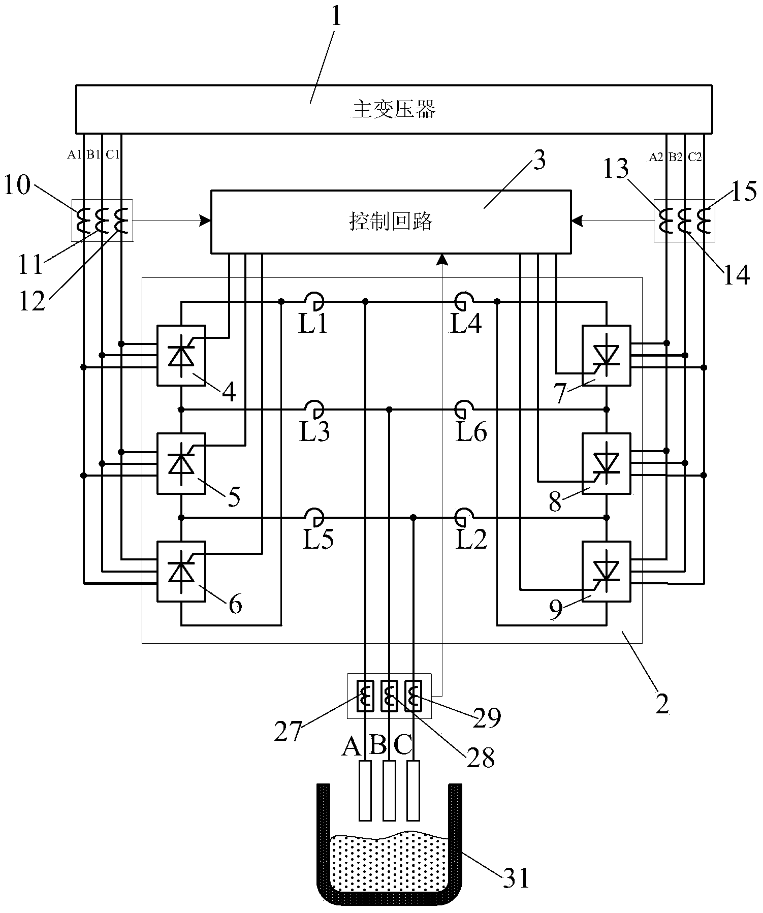Three-phase controllable polar direct-current electric arc furnace power supply device