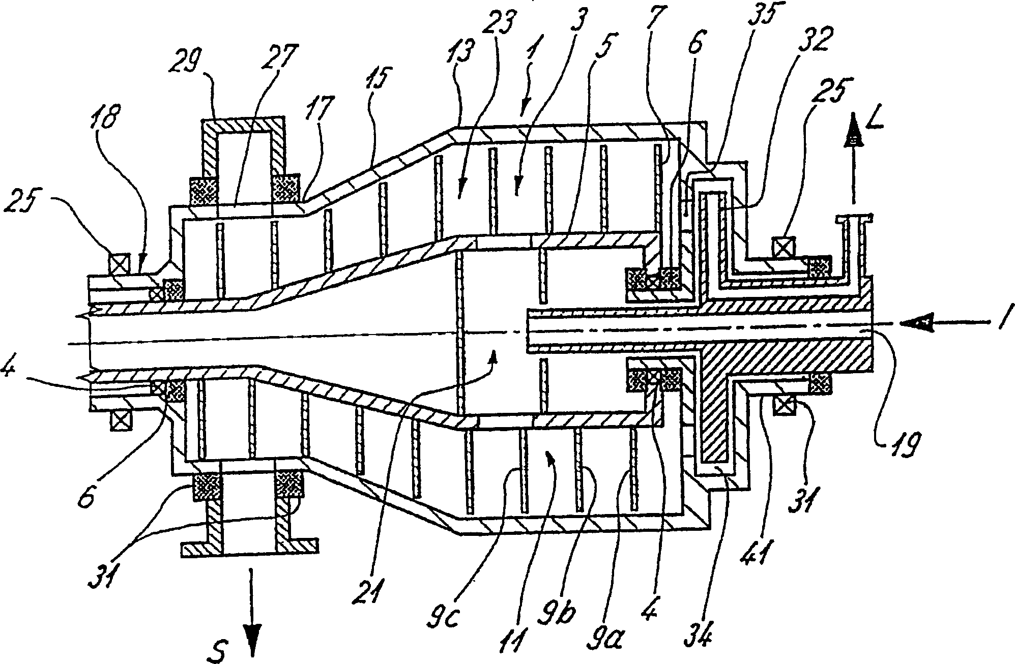 Solid bowl helical conveyor centrifuge with a pressurized housing