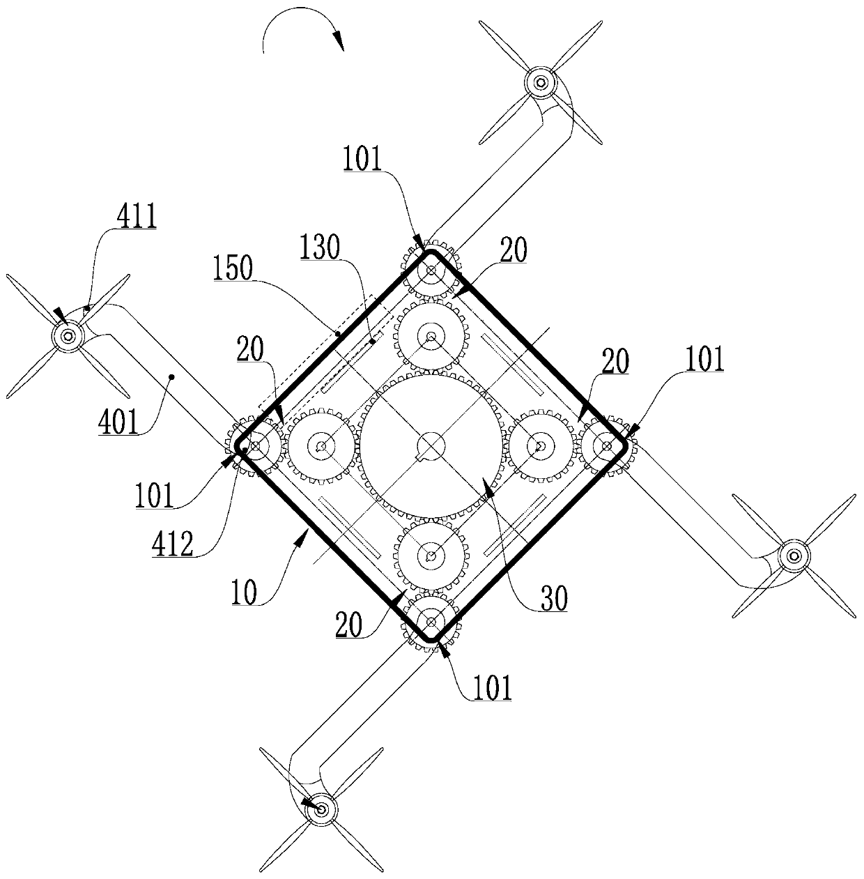 Engine arm synchronous rotation structure and industrial unmanned aerial vehicle with same