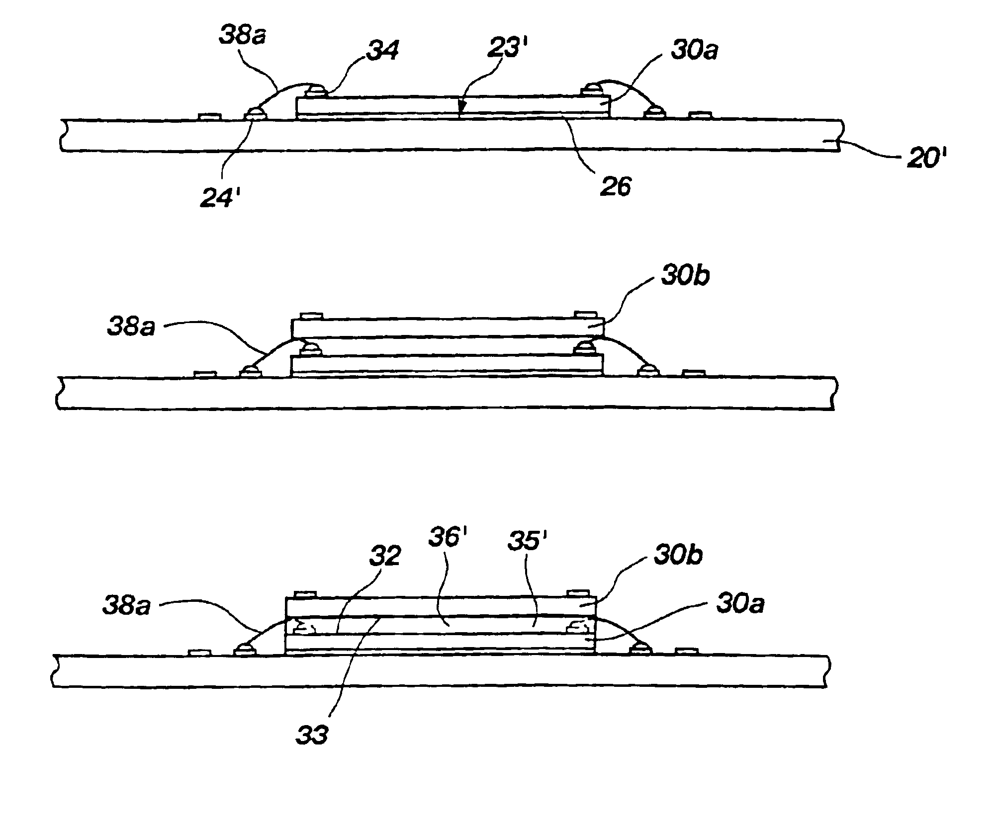 Assemblies including stacked semiconductor devices separated a distance defined by adhesive material interposed therebetween, packages including the assemblies, and methods