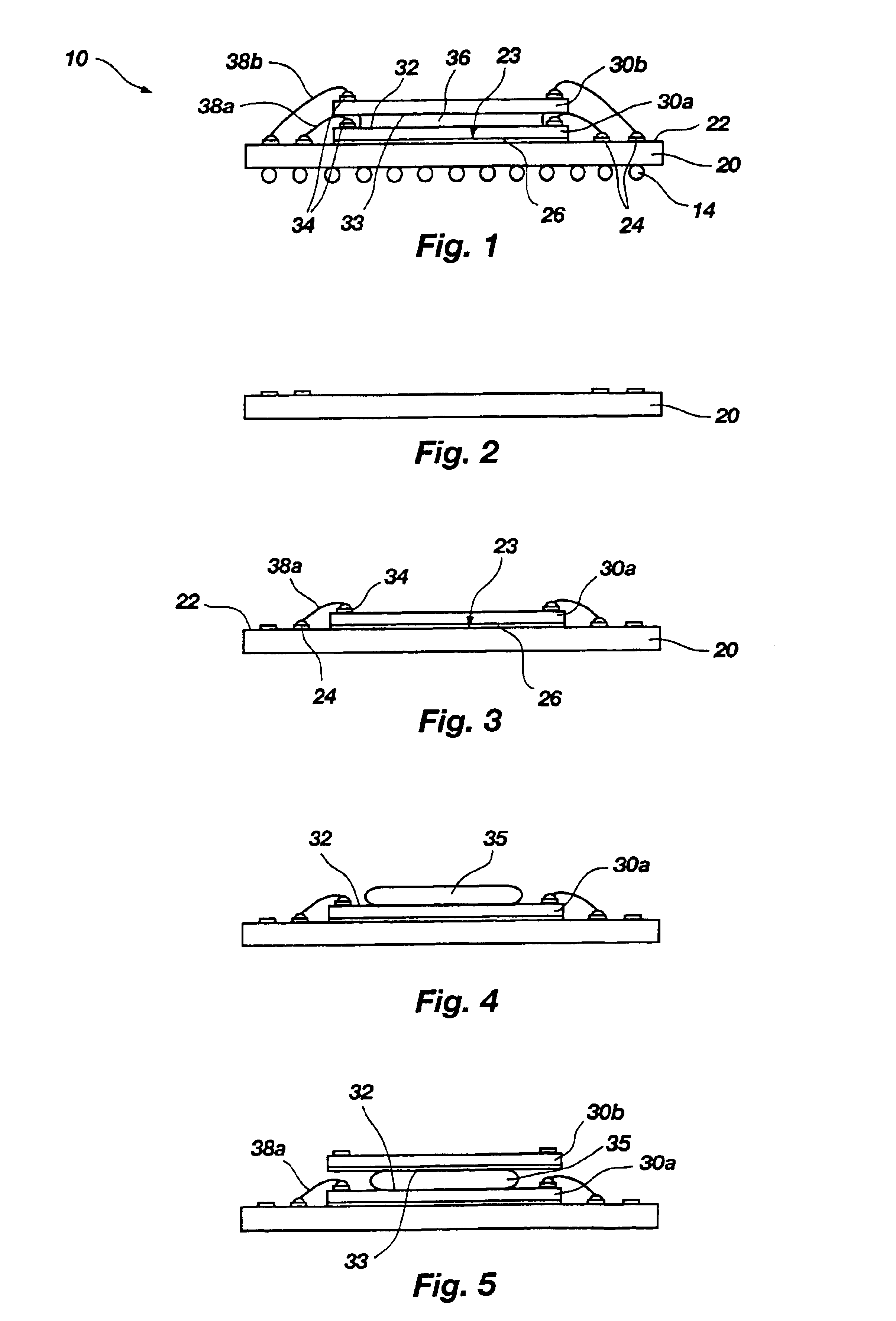 Assemblies including stacked semiconductor devices separated a distance defined by adhesive material interposed therebetween, packages including the assemblies, and methods