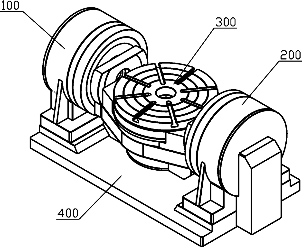 A dual-axis CNC rotary table driven by inclined axes and dual motors