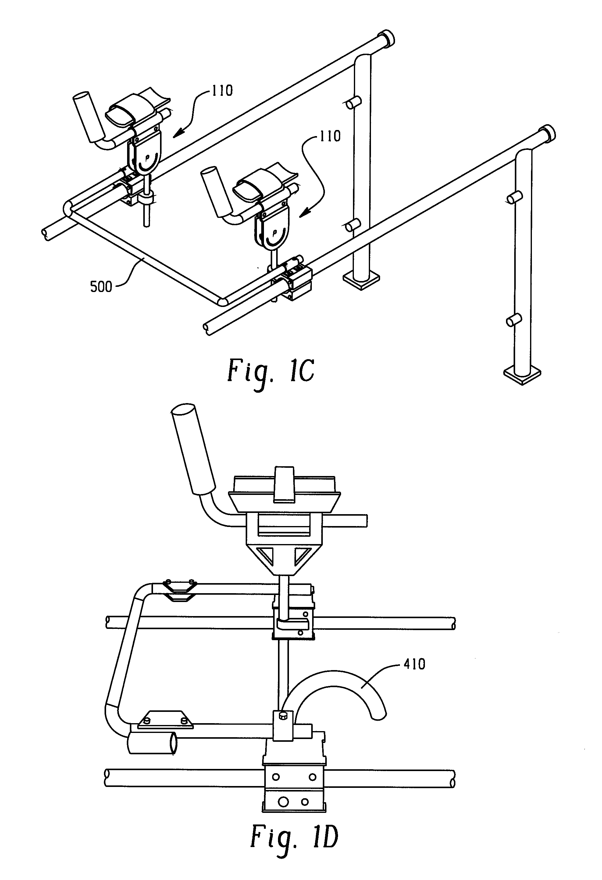 Patient aid devices, particularly for mobile upper extremity support in railed devices such as parallel bars and treadmills