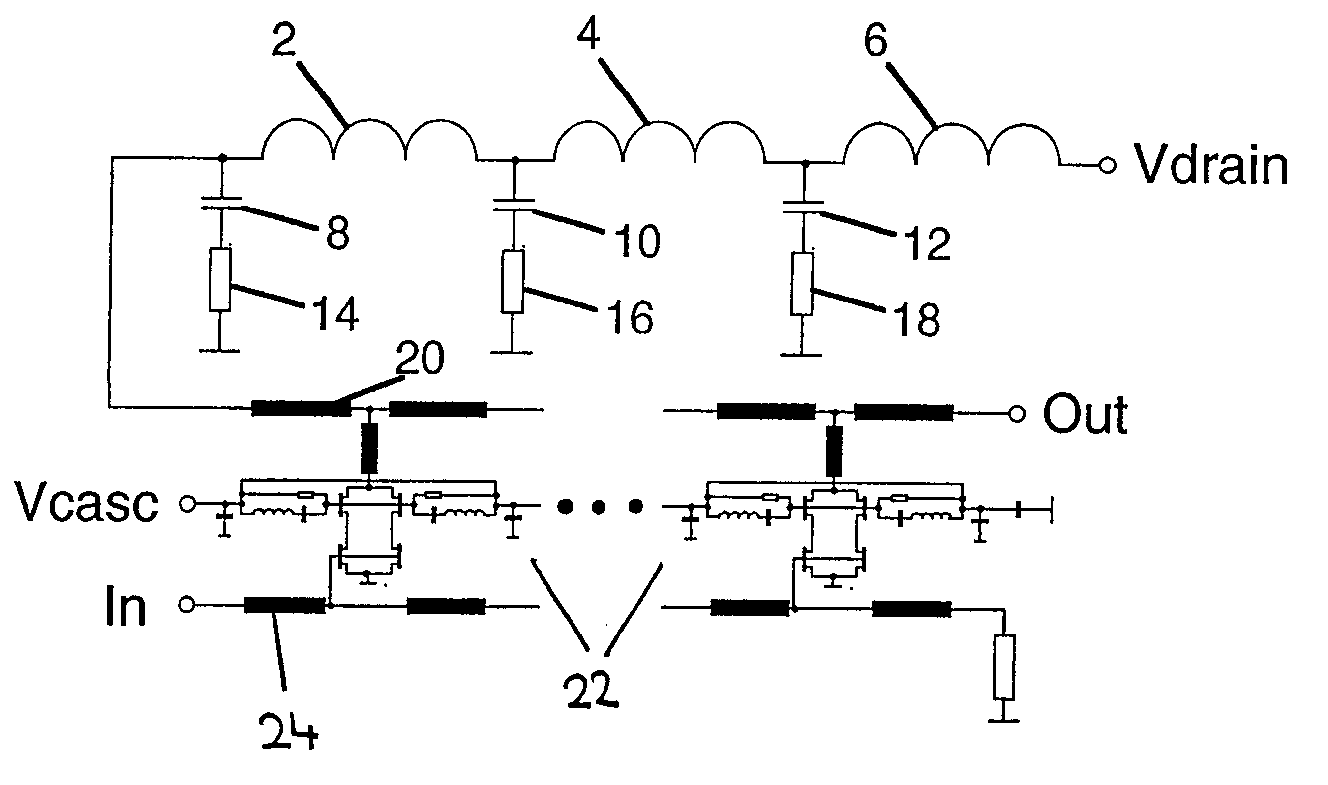 Supply voltage decoupling device for HF amplifier circuits