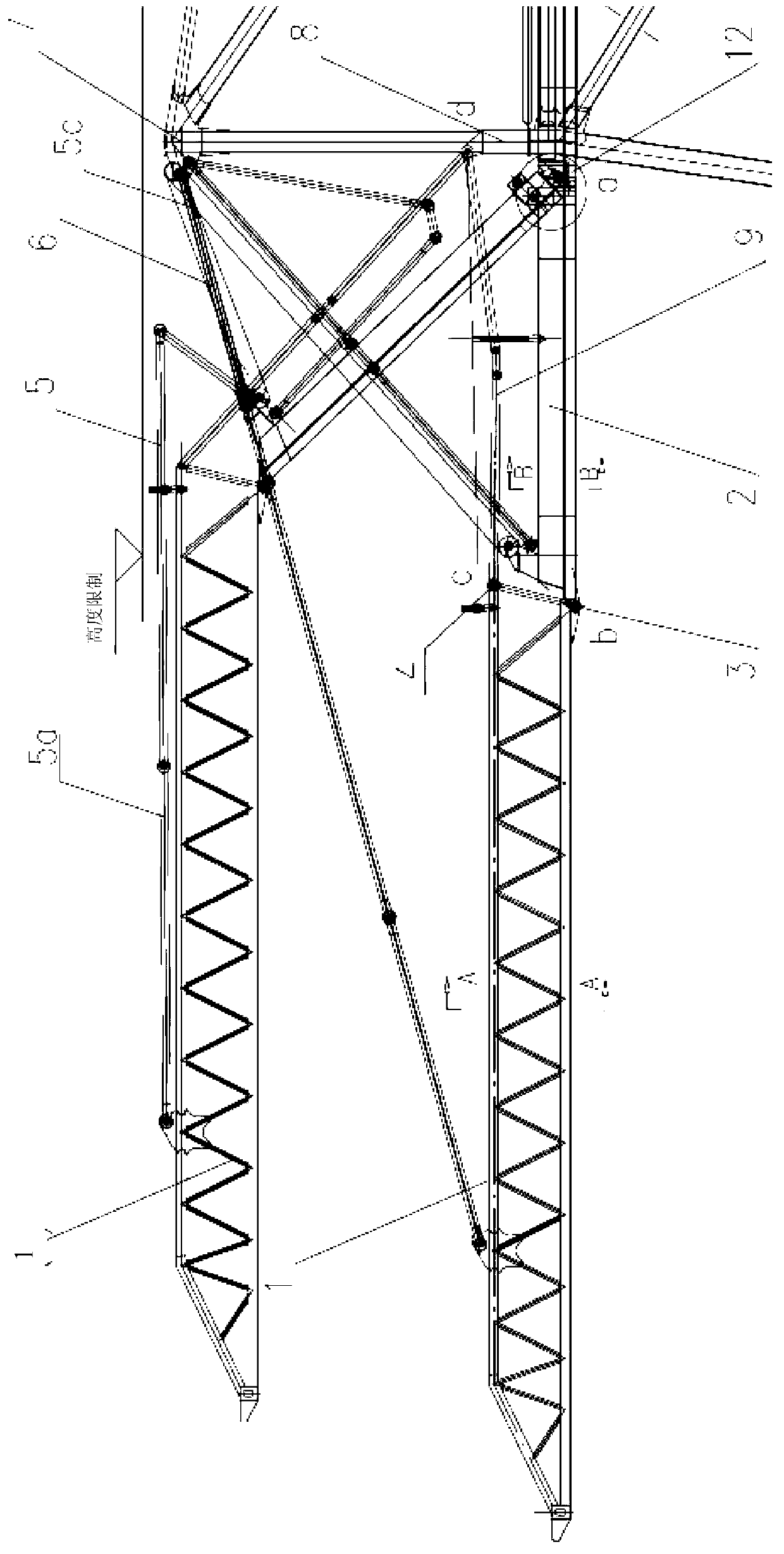 Crane provided with folding arm and beams