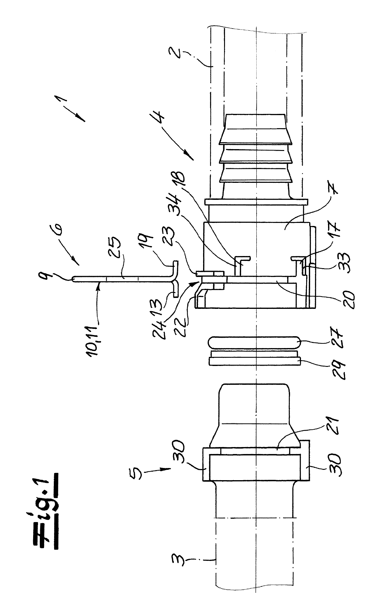 Connector for connection between two fluid-conveying elements