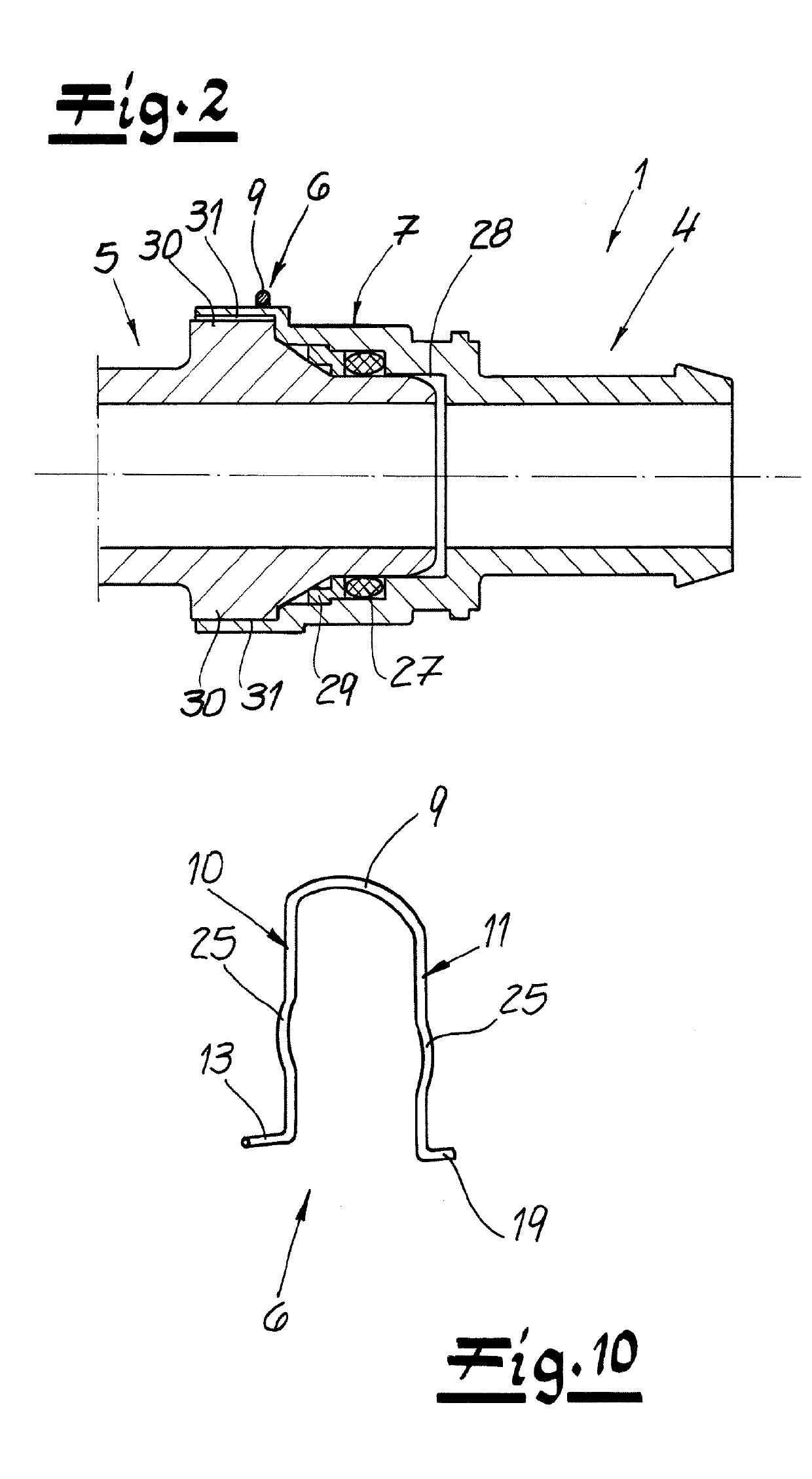 Connector for connection between two fluid-conveying elements