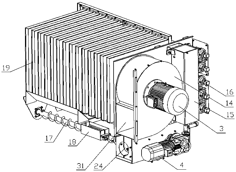 A horizontal dust collector for grain storage and transportation equipment