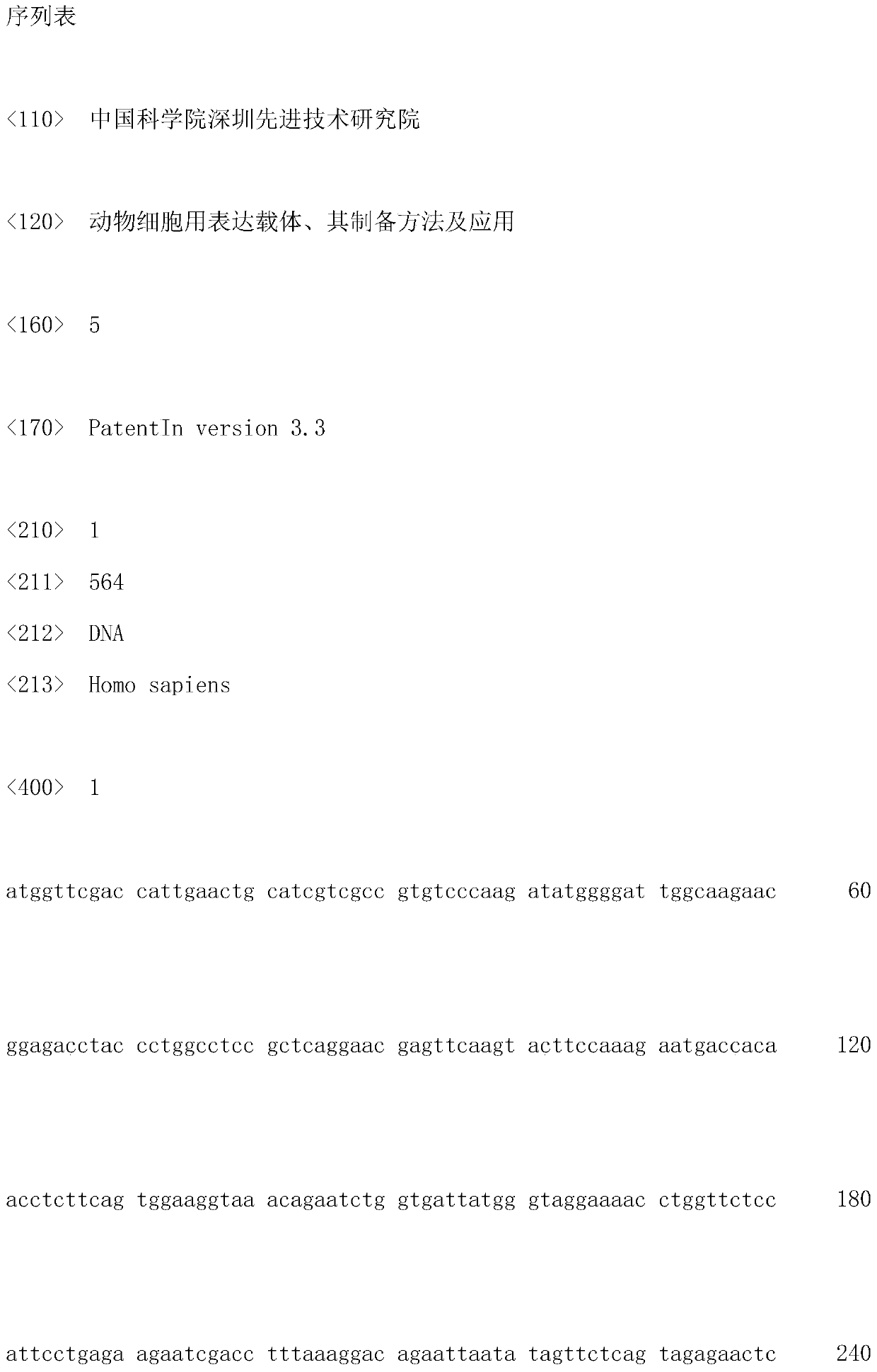 Expression vector for animal cells, its preparation method and application