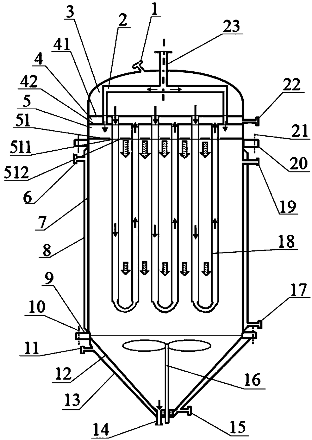 Falling film melt polycondensation reaction method and reactor between rows of tubes