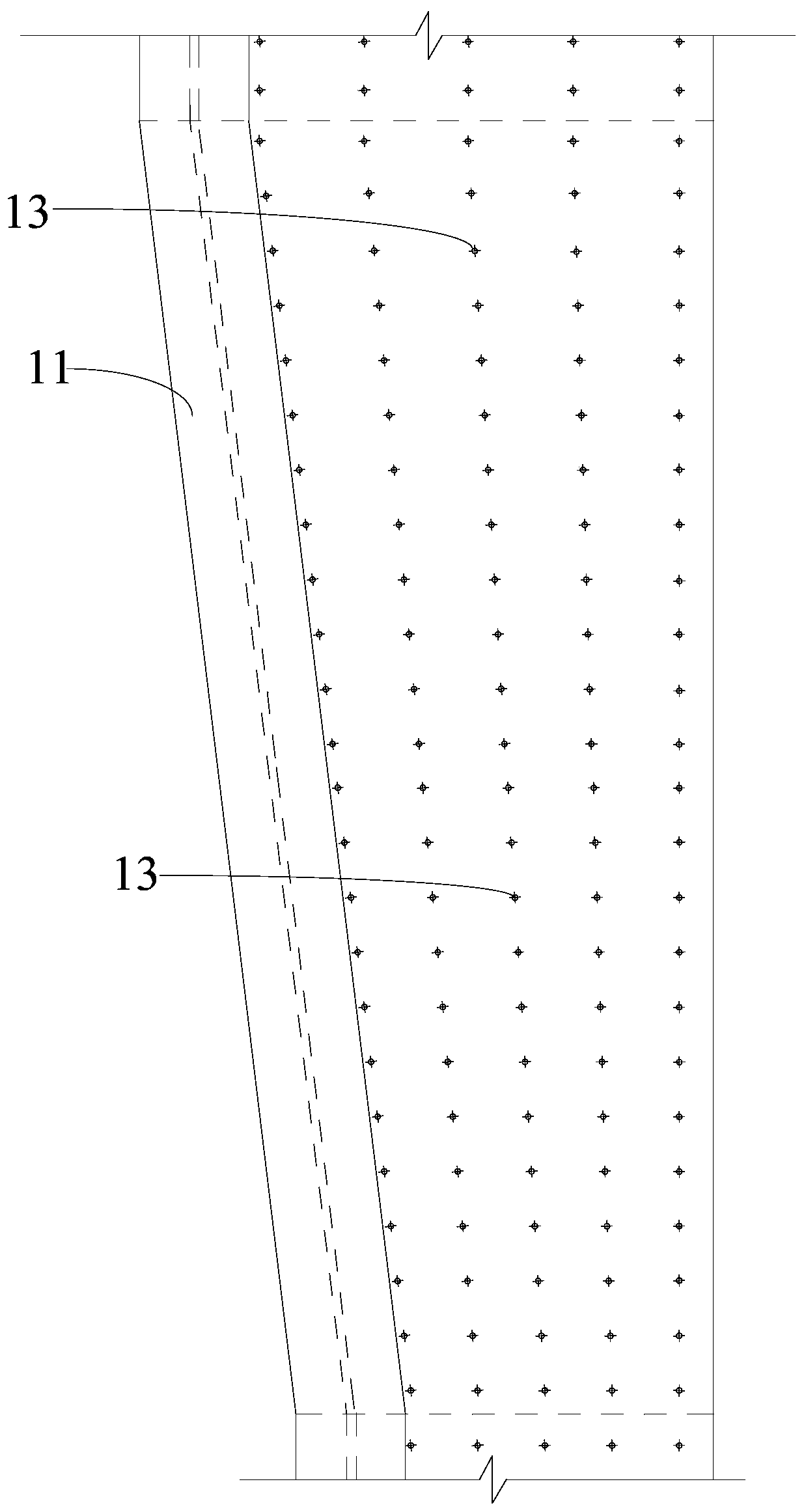 A divergent arrangement system and construction method of steel bars in inclined section slab walls